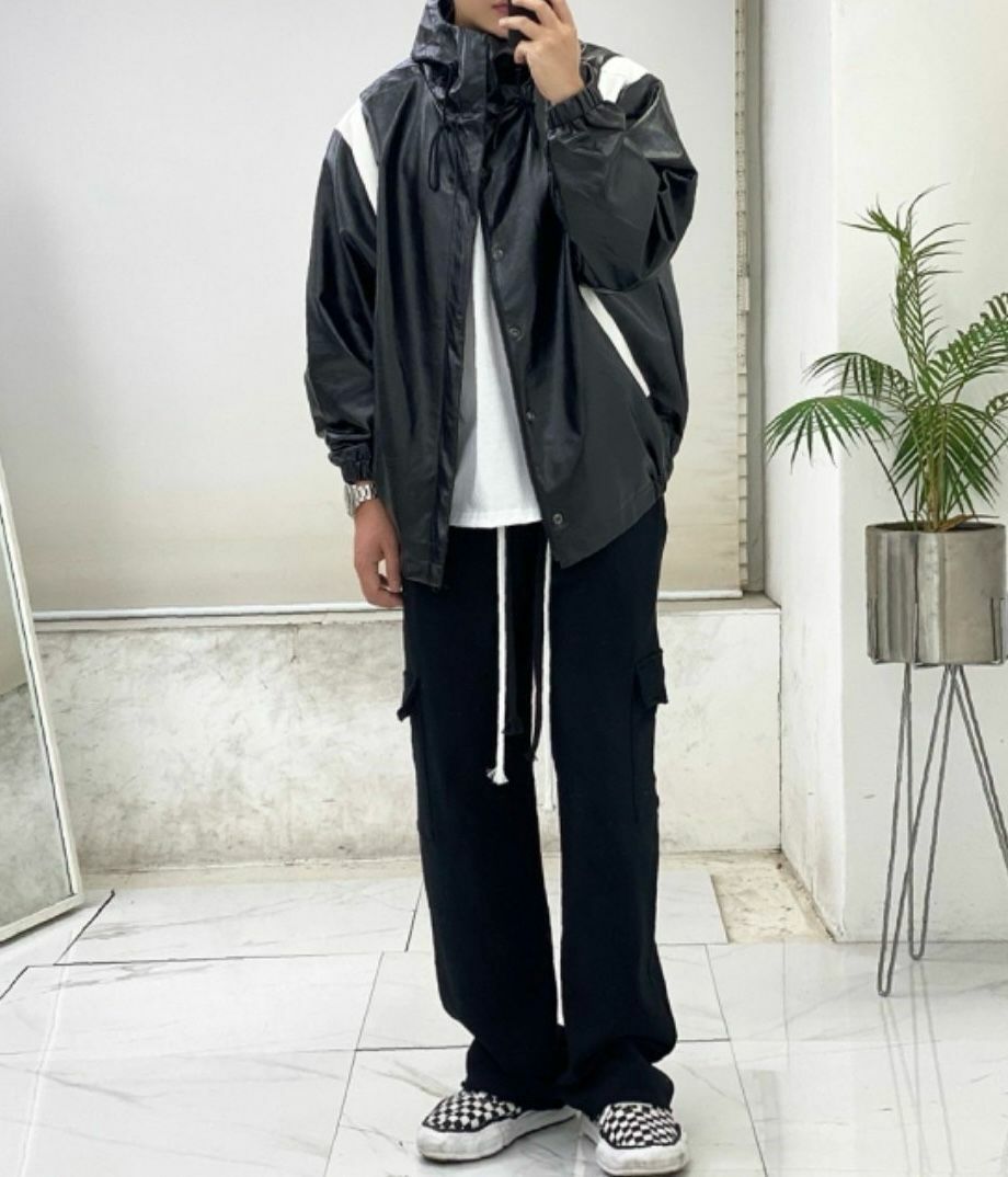 拼色連帽拉鍊合成皮褸 JK2443