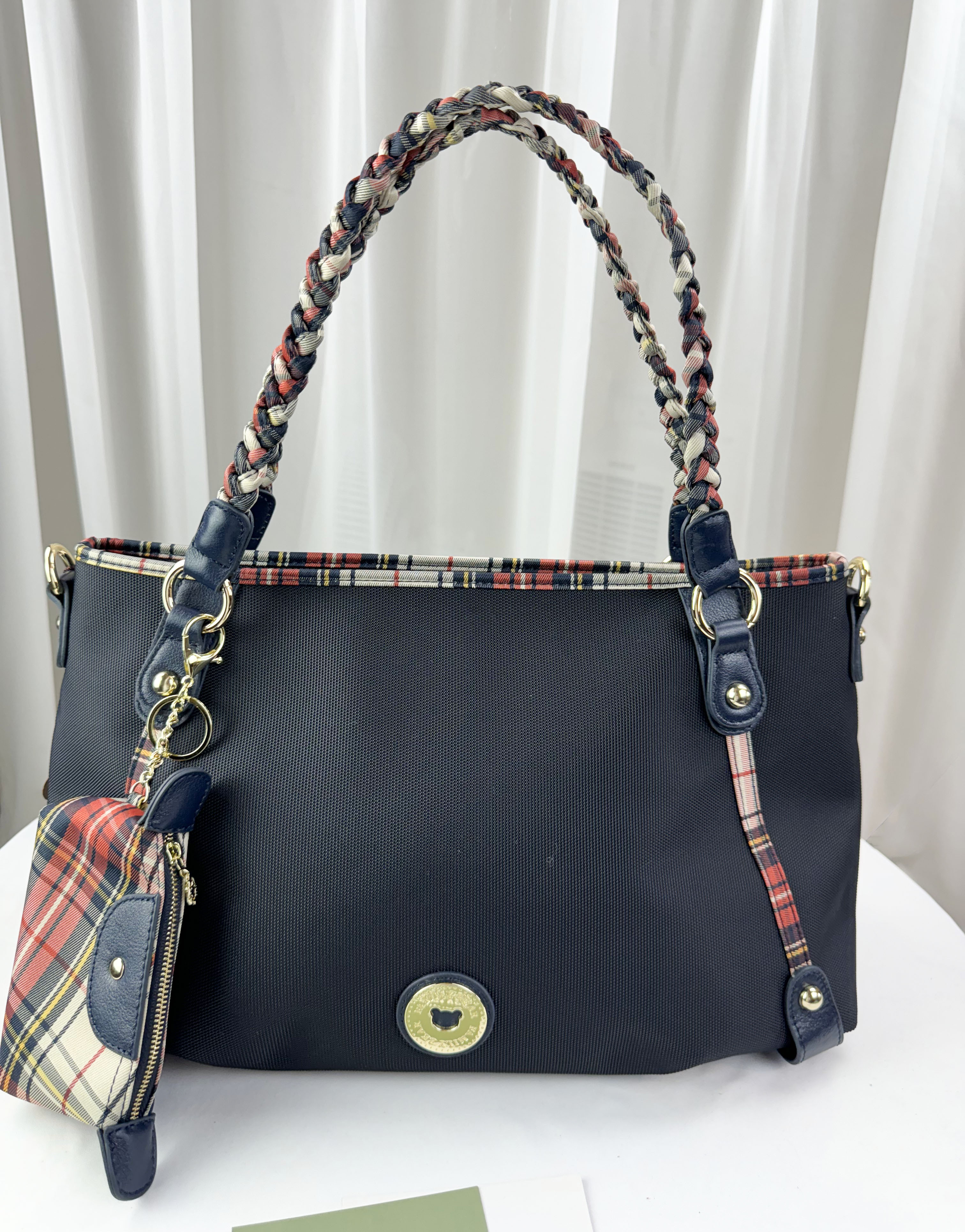 FamilyBear 橙格紋拼色防潑水手提包 / 側背包 附格紋零錢包   #2571