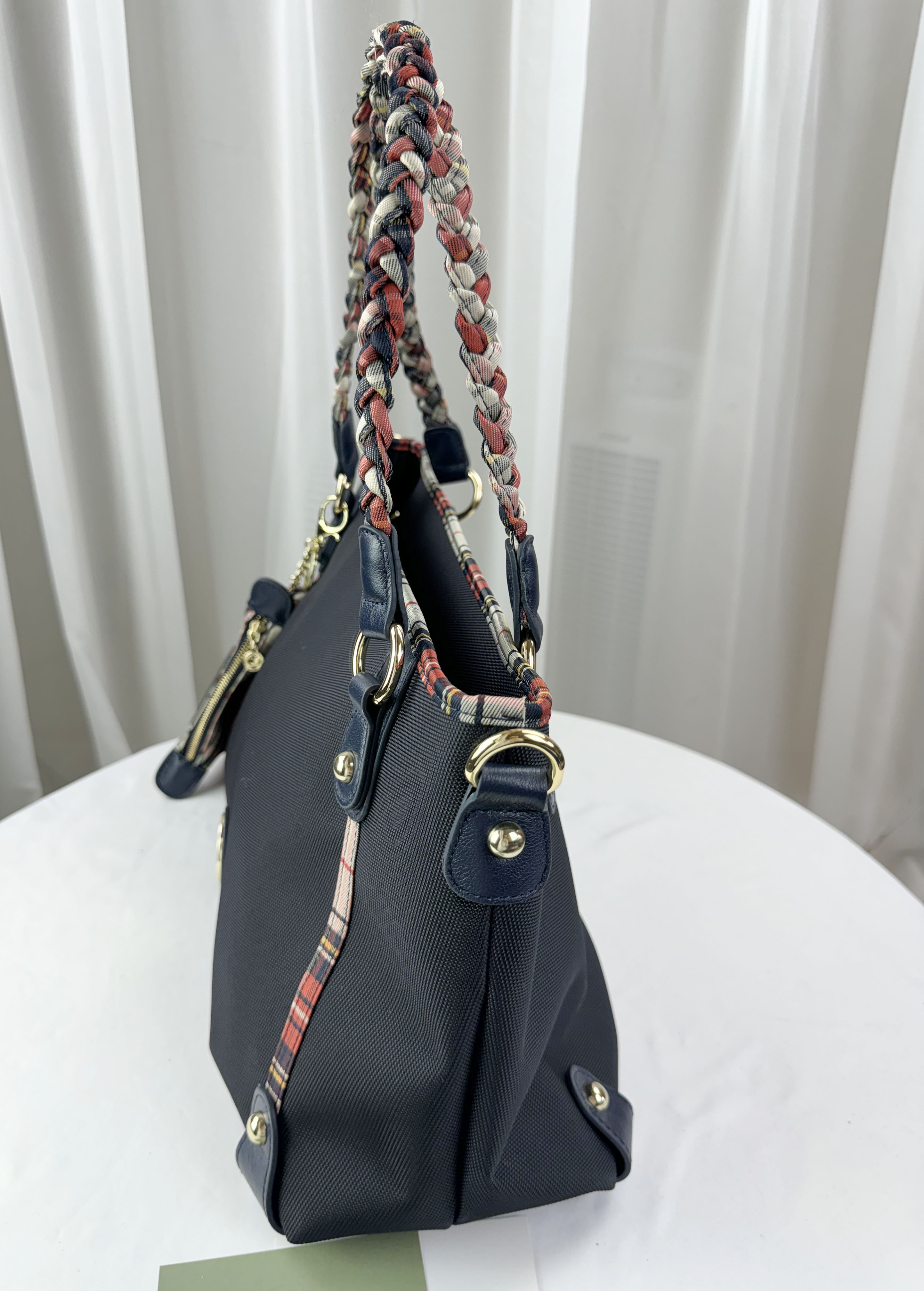 FamilyBear 橙格紋拼色防潑水手提包 / 側背包 附格紋零錢包   #2571