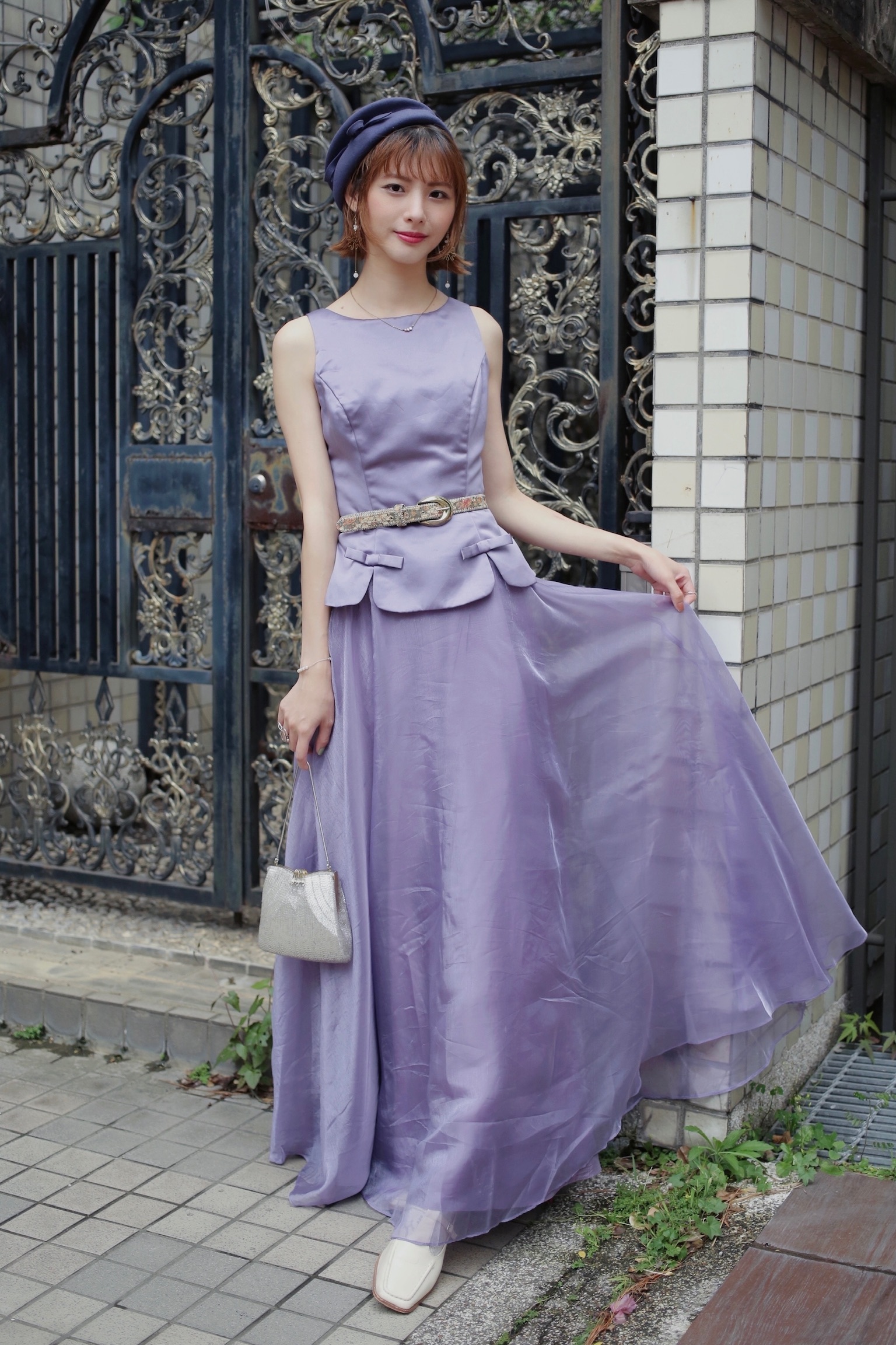 Vintage Dresses /古著紫色多層紗緞面無袖洋裝