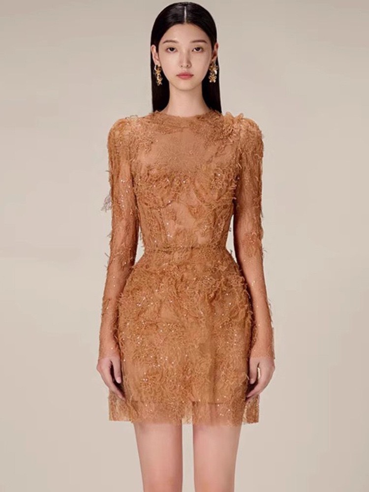 網紗蕾絲 長袖洋裝(橘/藍)