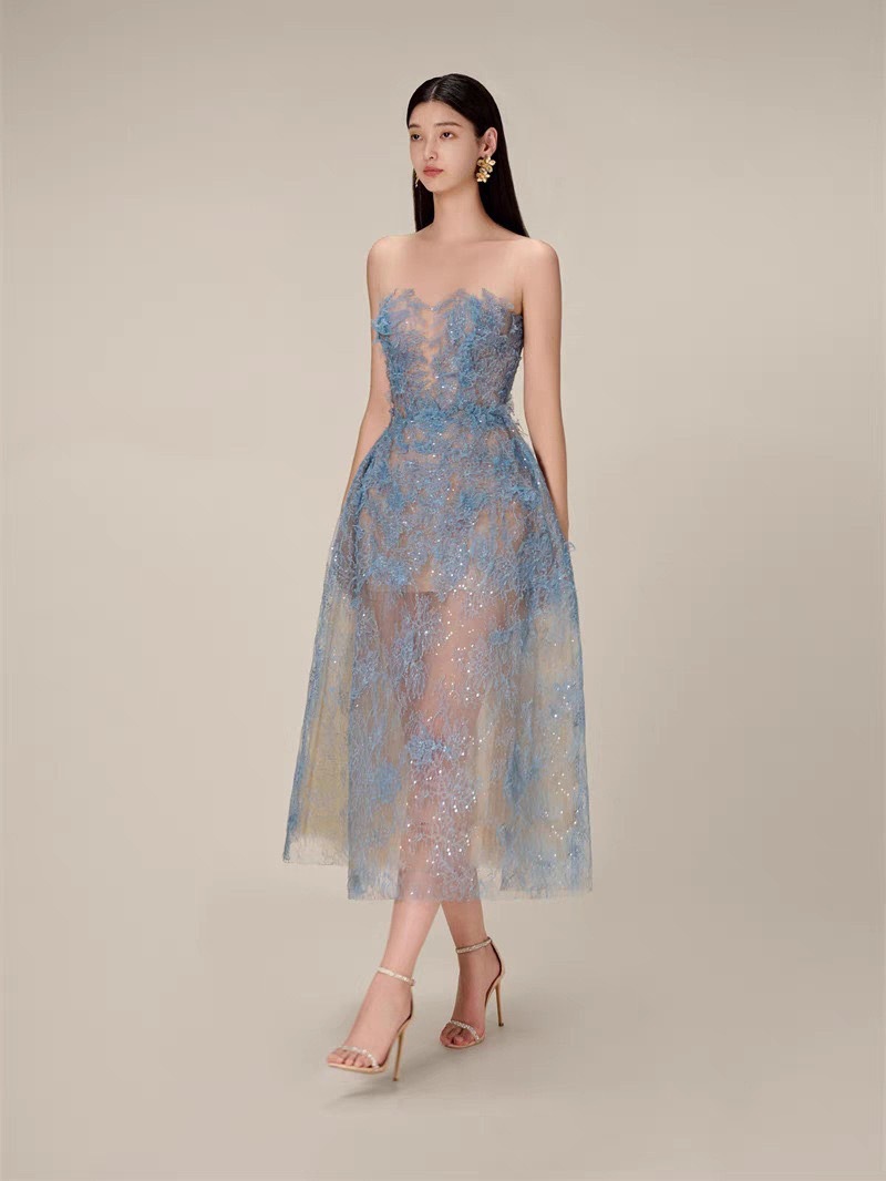 偽平口網紗蕾絲 透膚小禮服(橘/藍)