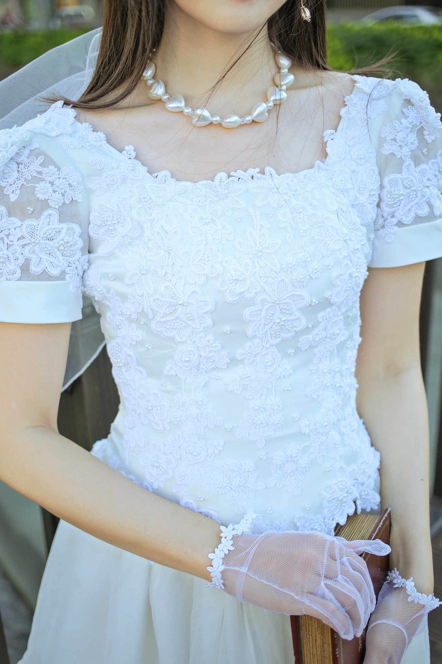 Vintage Wedding Dresses/方領珍珠刺繡古董拖襬婚紗