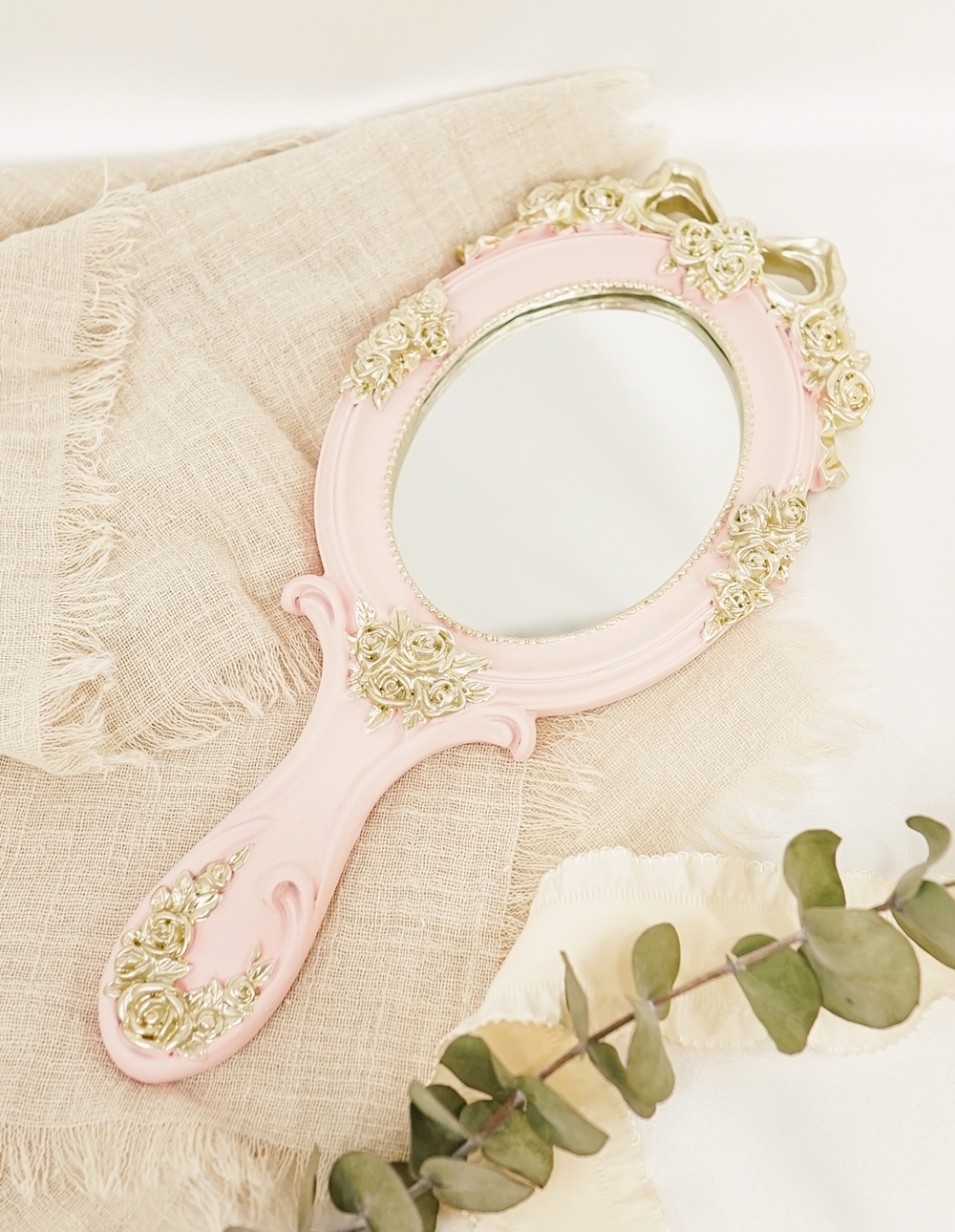 復古玫瑰蝴蝶結手拿鏡✦粉紅