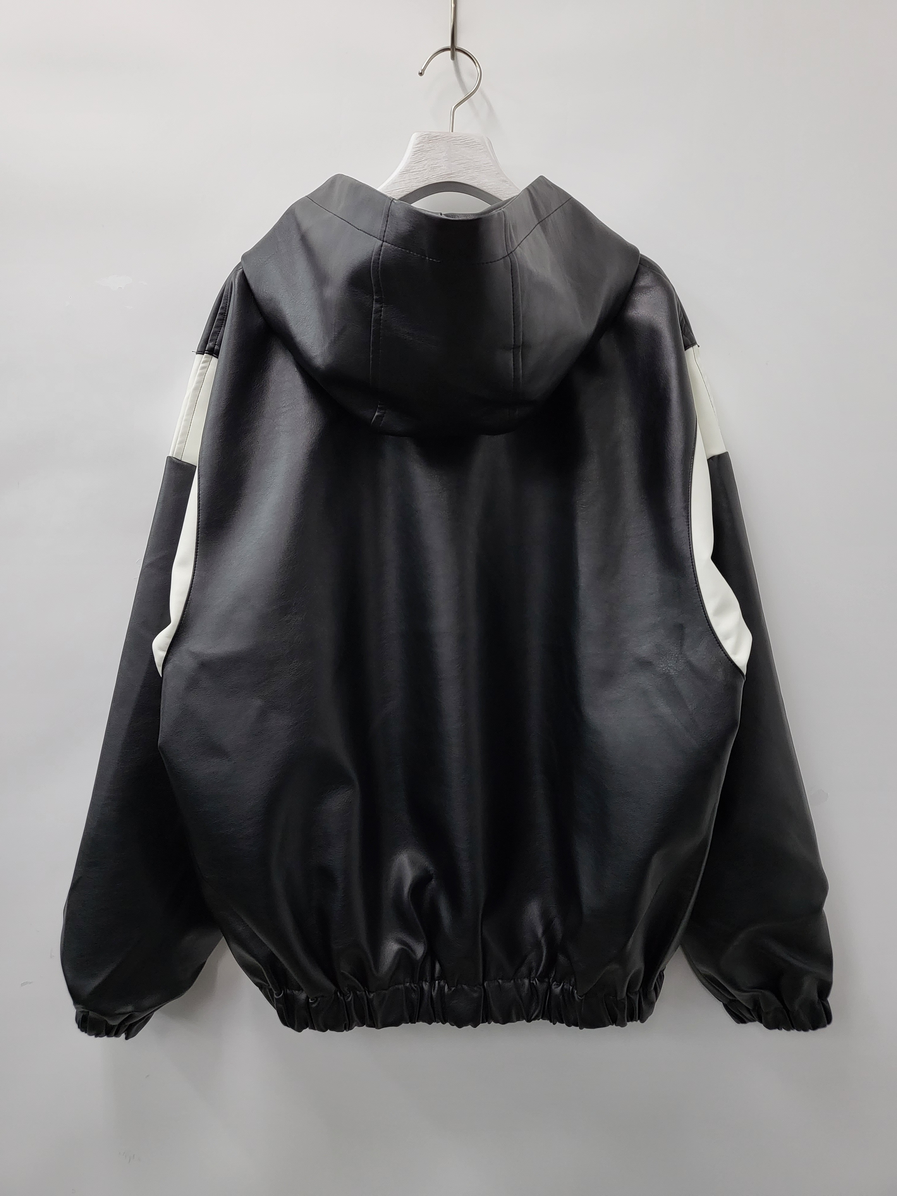 拼色連帽拉鍊合成皮褸 JK2429