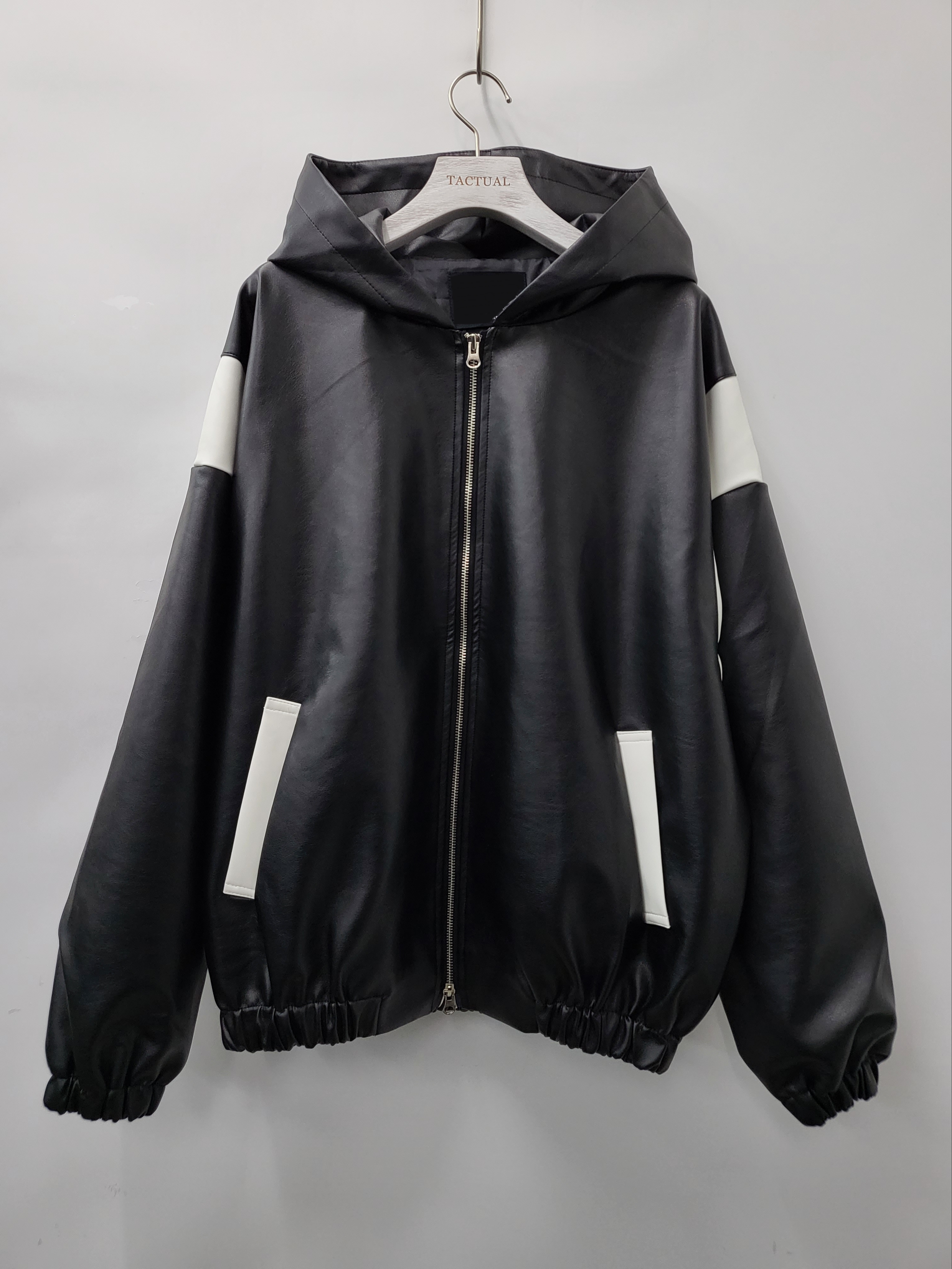 拼色連帽拉鍊合成皮褸 JK2429