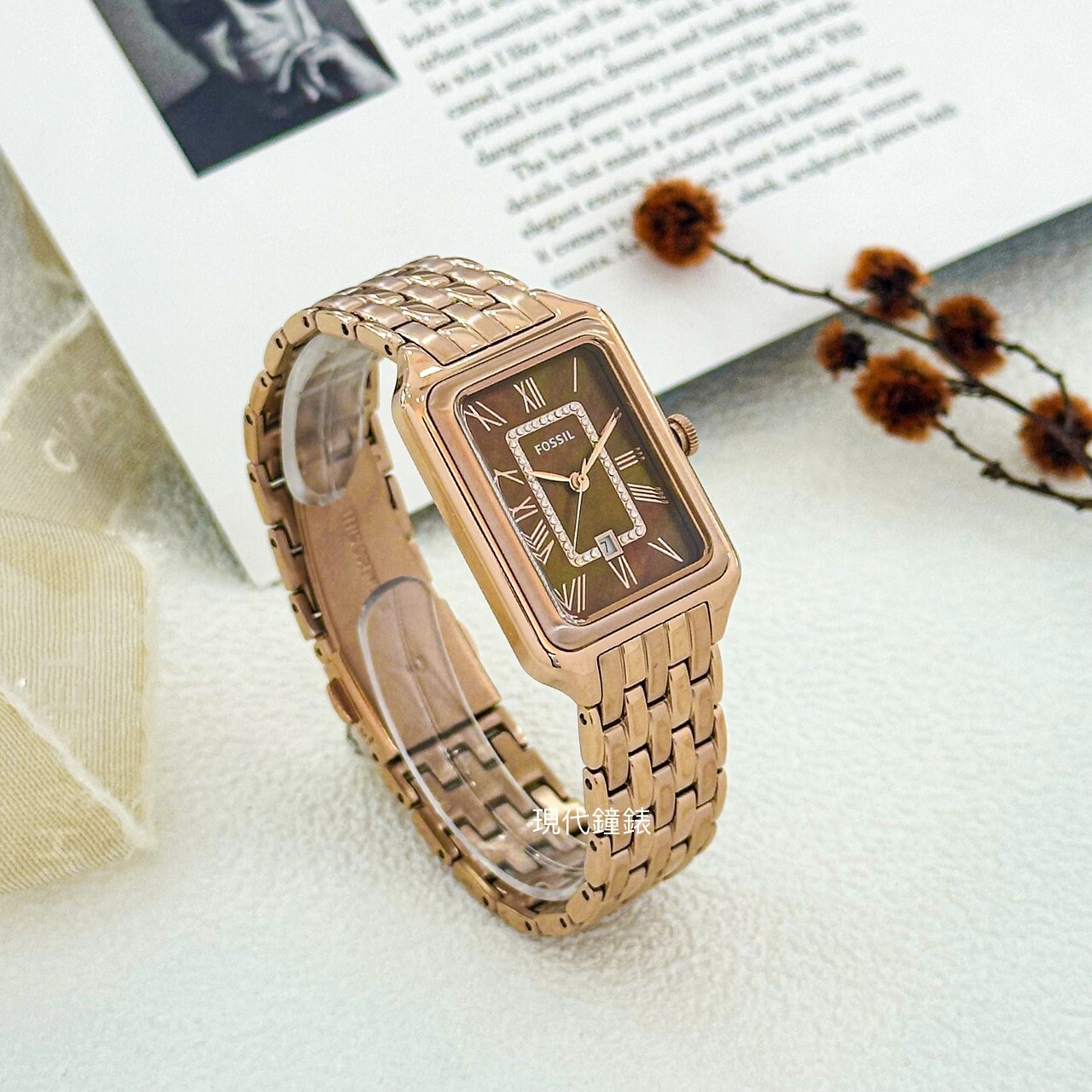 【FOSSIL】方形棕影流光不鏽鋼腕錶 ES5323 26mm 現代鐘錶