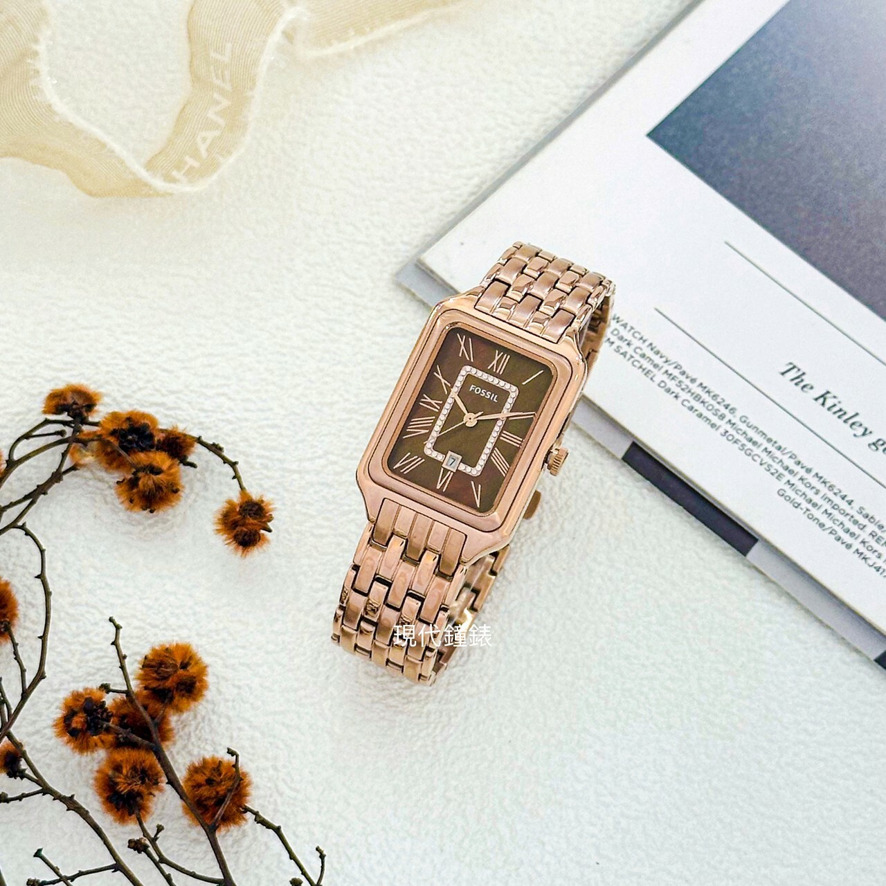 【FOSSIL】方形棕影流光不鏽鋼腕錶 ES5323 26mm 現代鐘錶