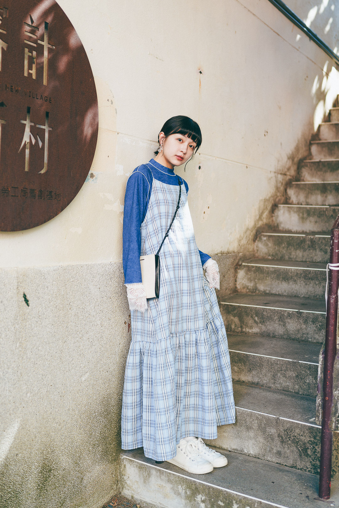 短篇心事！格子後綁帶吊帶裙(兩色-水藍)