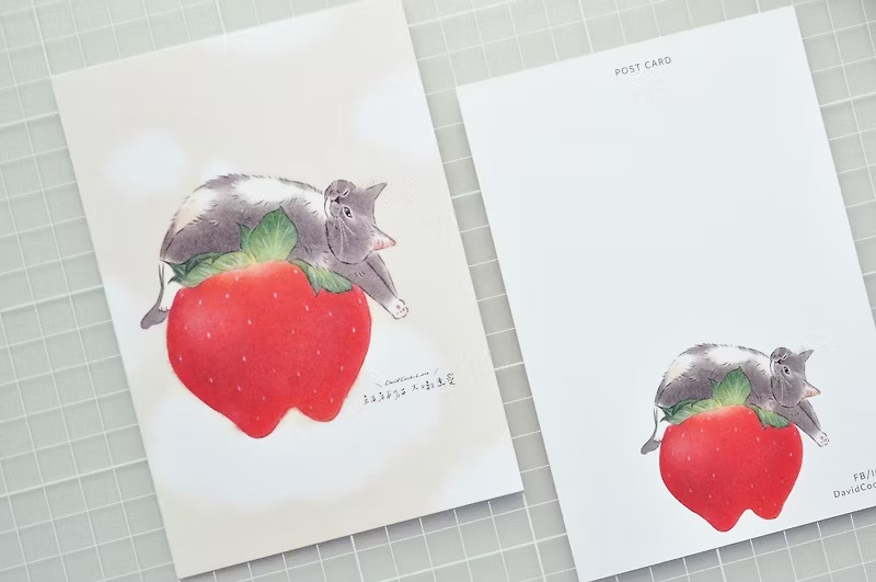 補補貓‧大衛煮愛｜明信片｜草莓灰貓