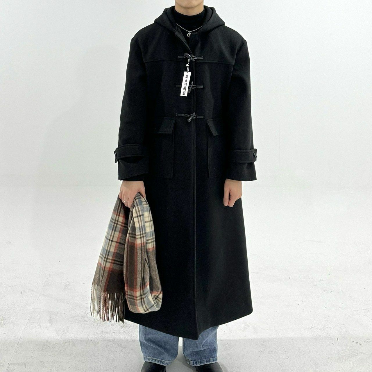 淨色牛角鈕連帽長褸 BY ATTENTION-111JK