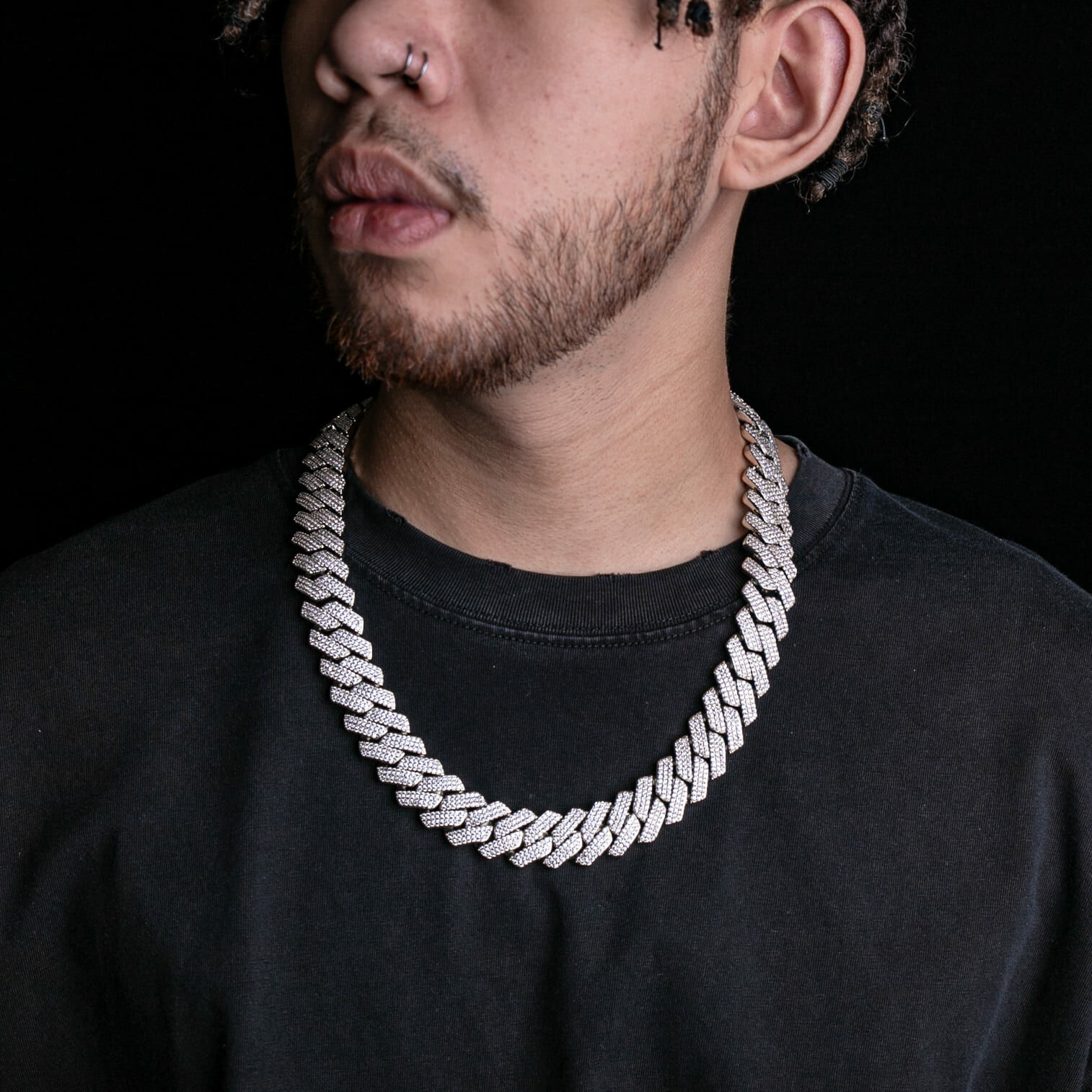 925純銀20mm三排滿鑲菱形古巴鍊