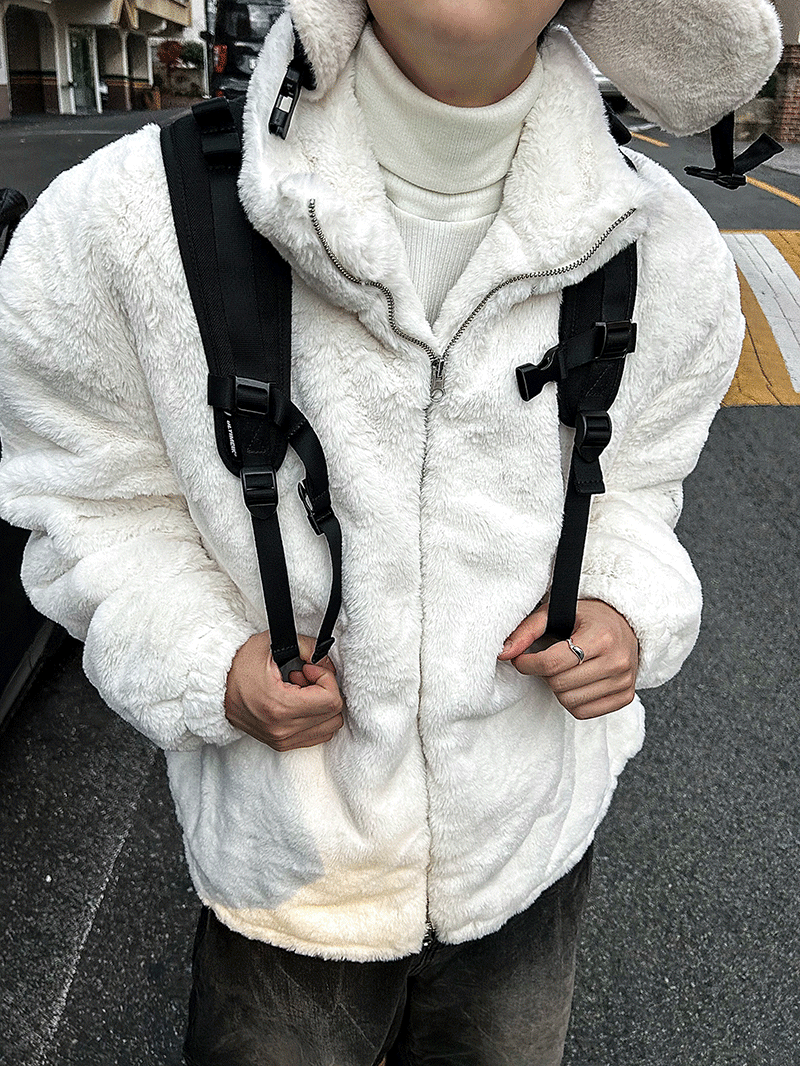 柔軟貂皮毛高領拉鍊外套