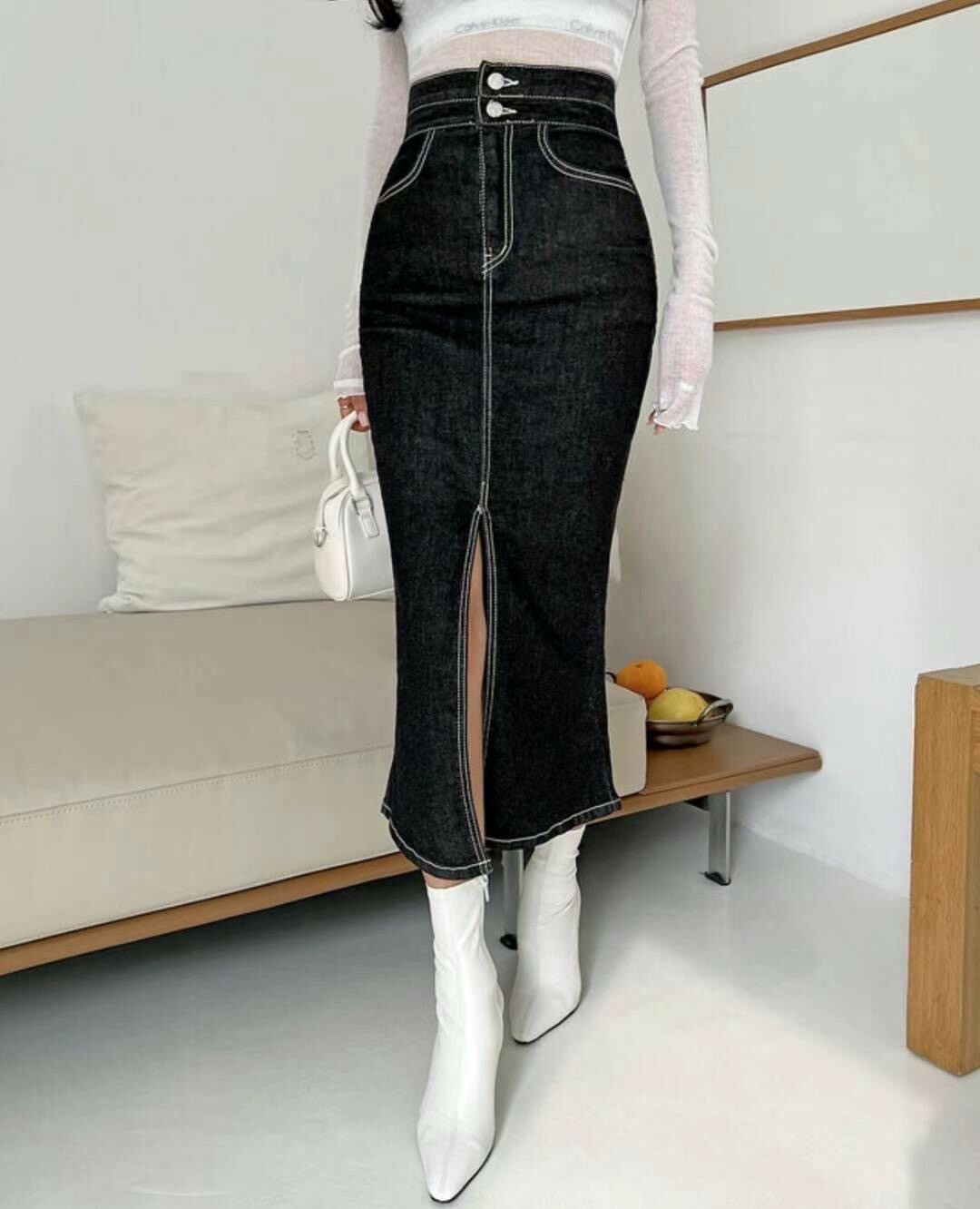 6064深藍前開衩魚尾牛仔長裙