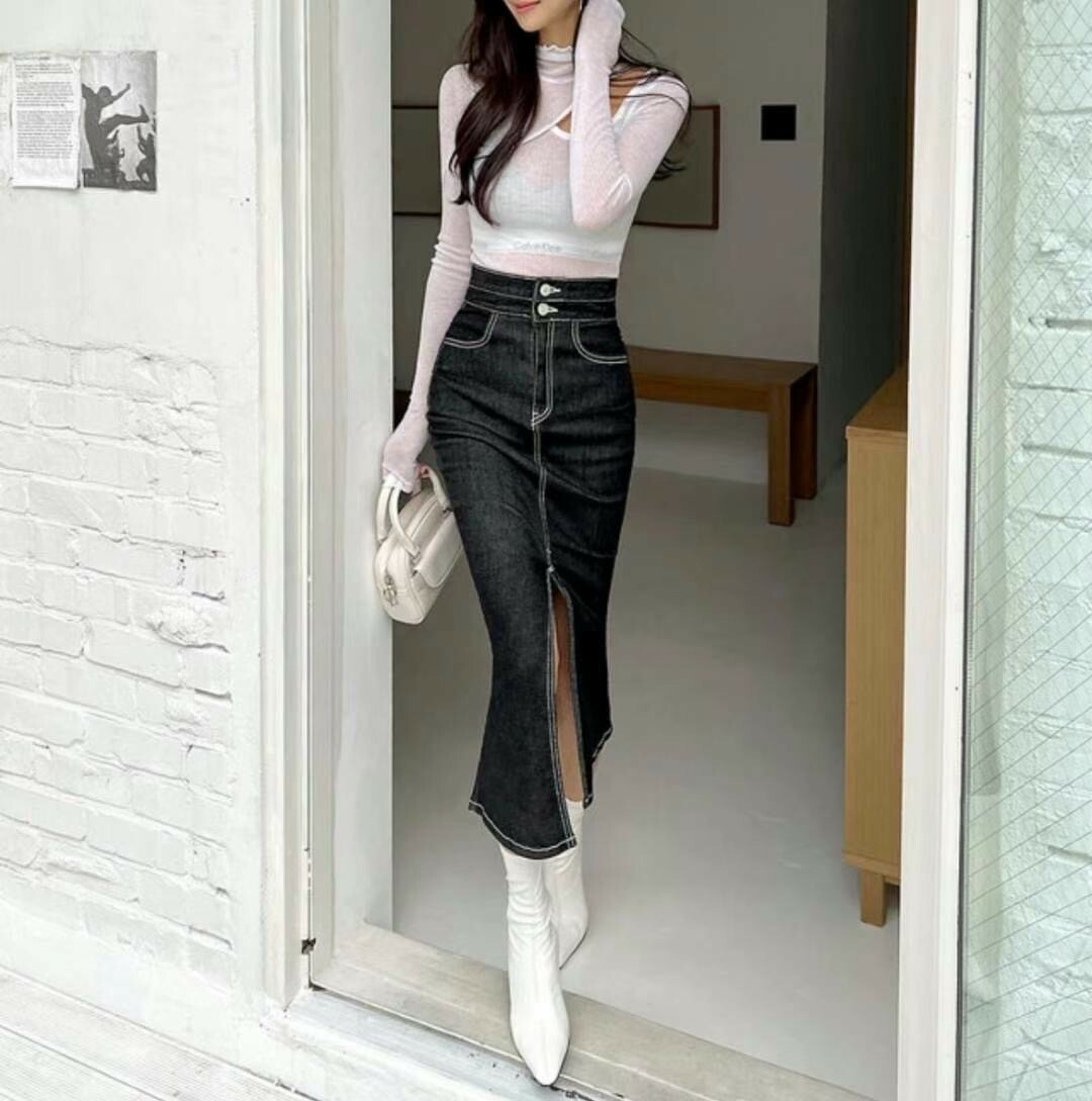 6064深藍前開衩魚尾牛仔長裙