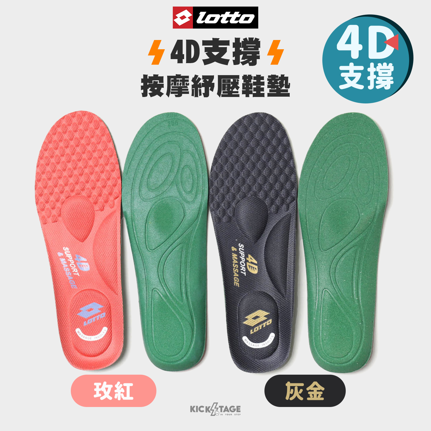 LOTTO INSOLE 樂得 4D 支撐按摩紓壓鞋墊 玫紅【LT3CWI5022】灰金【LT3CMI5018】