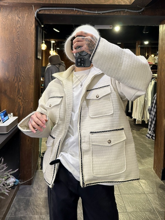 Laurent小香粗花呢羽絨夾克