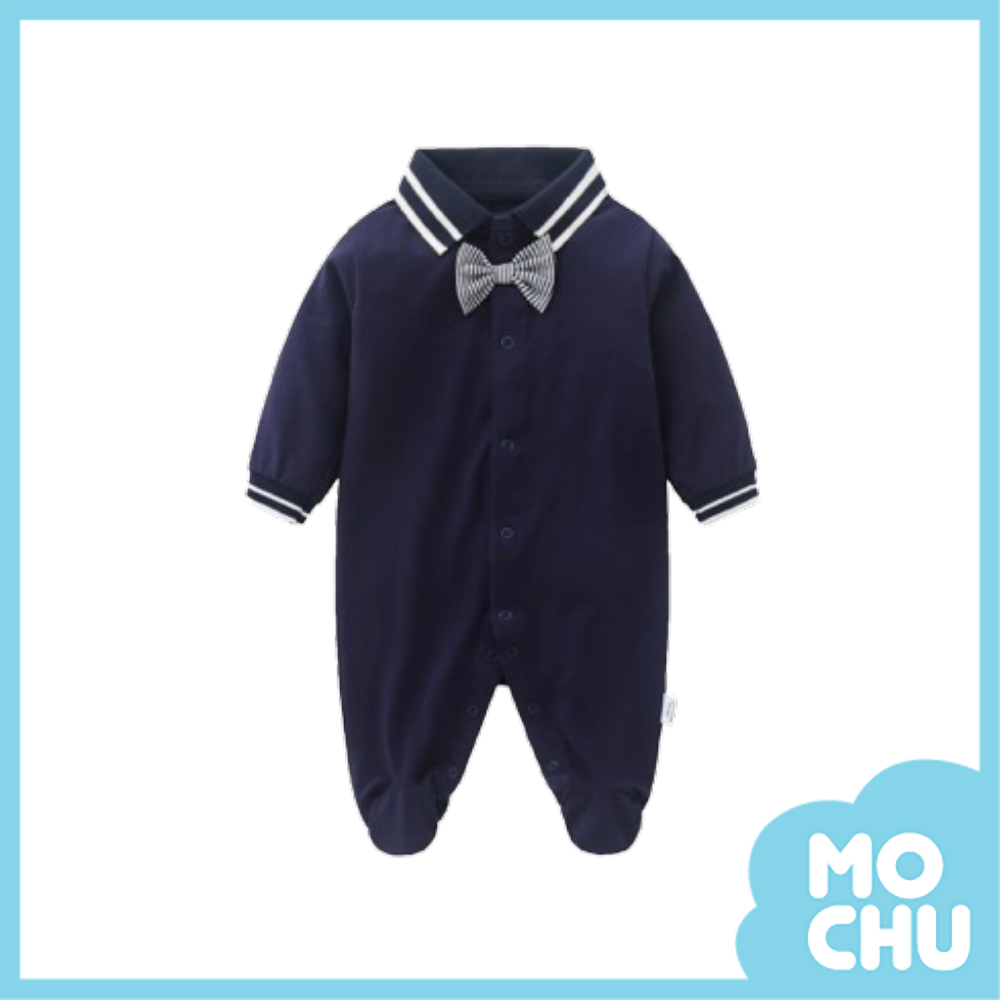 寶藍底領結包腳連身衣