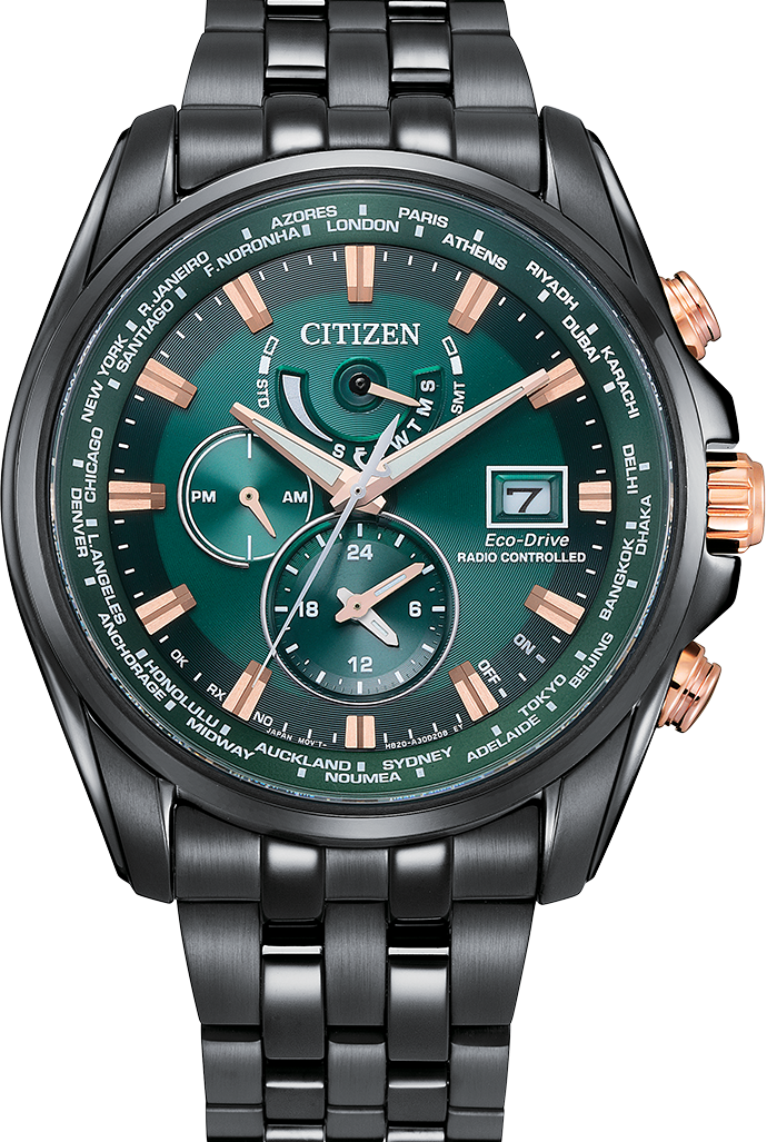 萬年鐘錶 - Citizen 星辰錶  綠色面盤光動能世界時間電波對時男錶  AT9128-87X 錶徑44MM