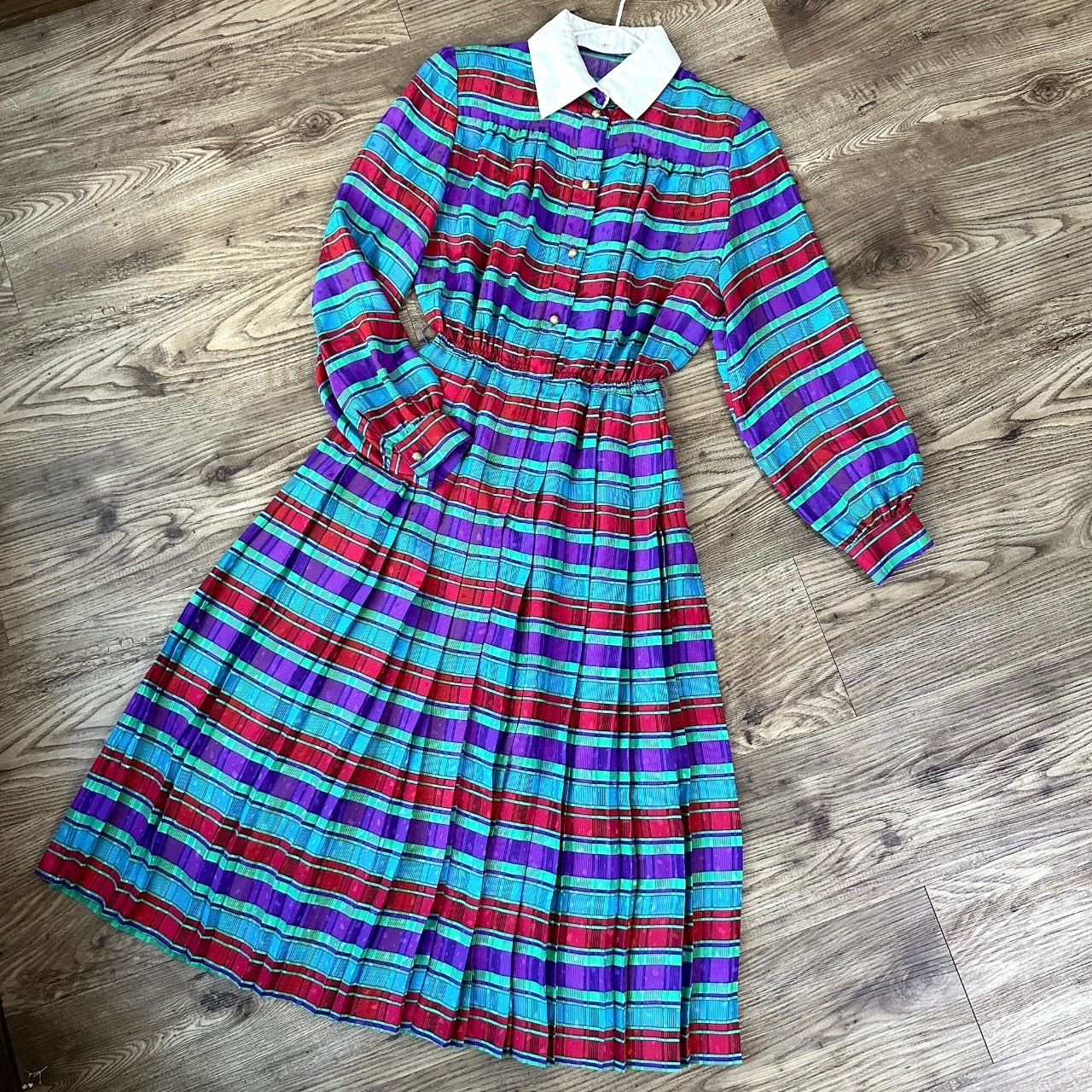 鮮艷彩色橫間條紋古著連身裙