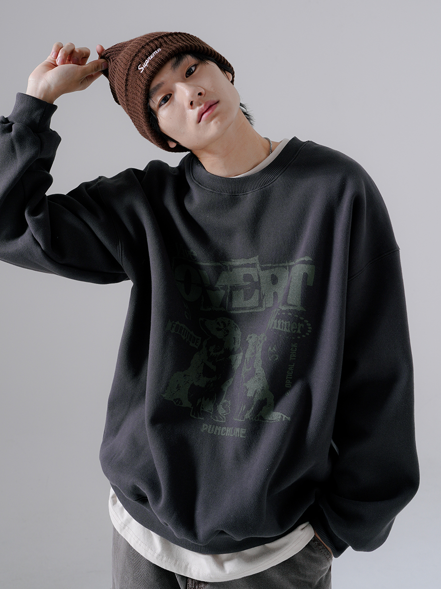 <預購> 韓國PUNCHLINE 邊境牧羊犬刷舊感刷毛大學Ｔ