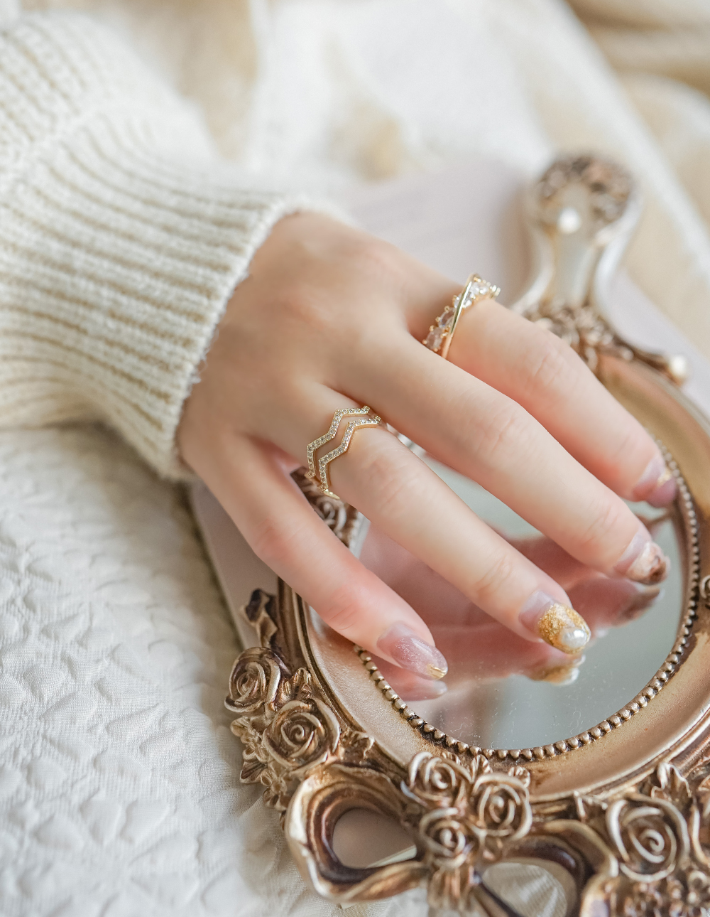 雙層水鑽波紋可調式戒指