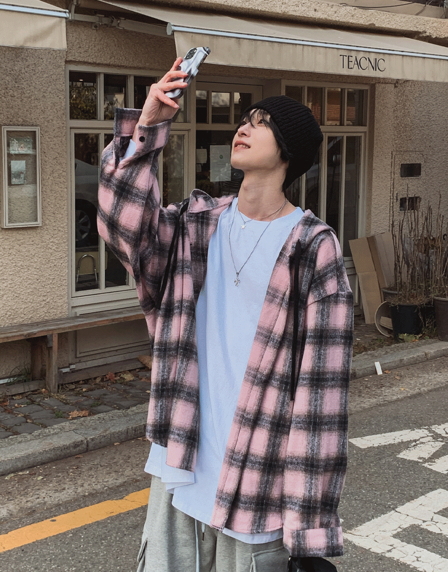 糖果泡泡袖格紋連帽襯衫