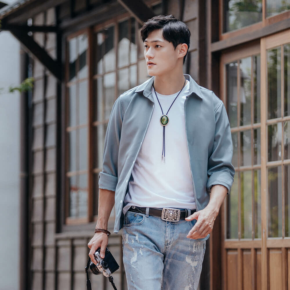 夏日風情-棕櫚葉 真皮皮繩 保羅領帶/Bolo Tie/美式領帶 - 快速出貨