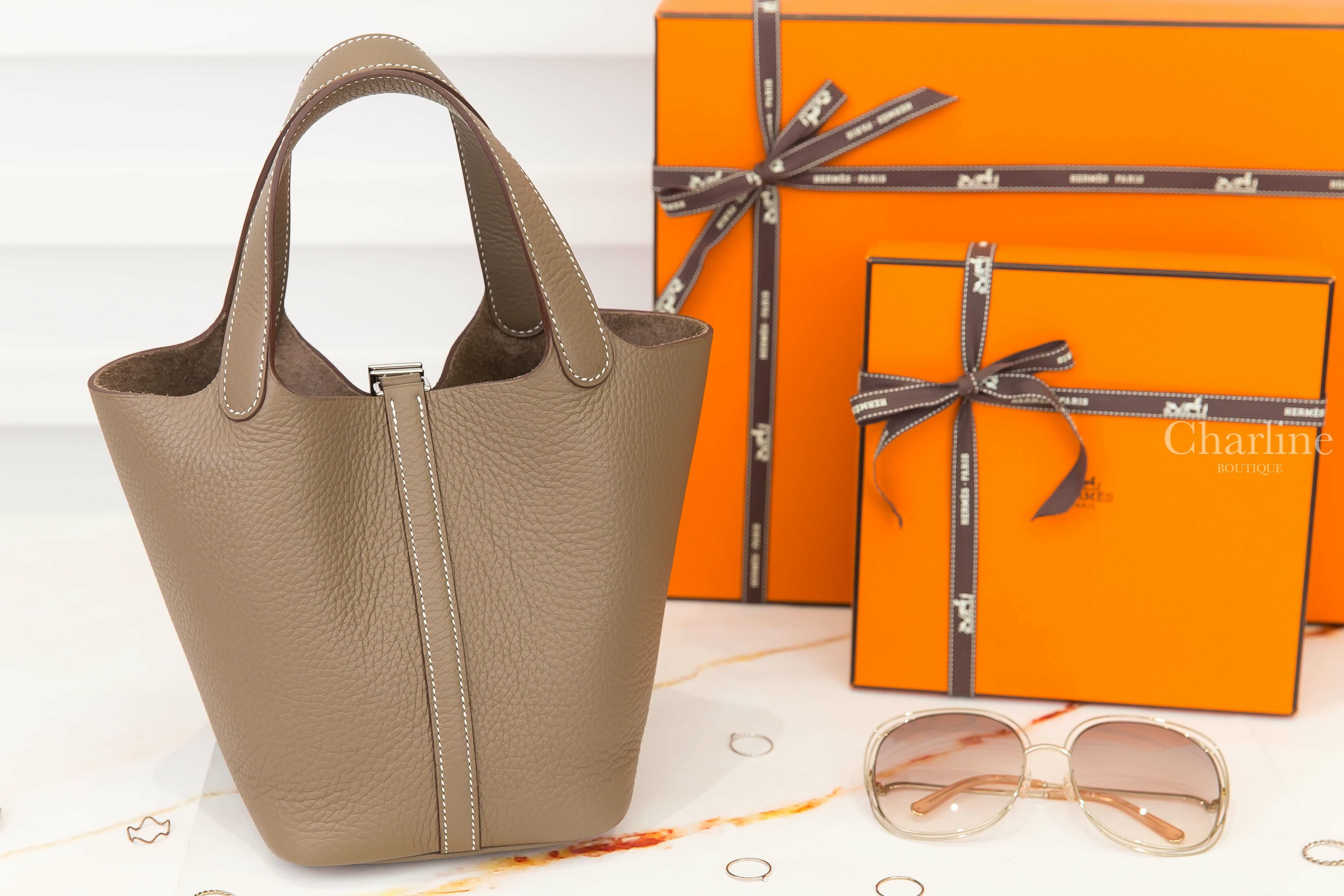Hermès Picotin Lock 18cm 18 Etoupe Taurillon Clemence B刻大象灰銀釦小型提把水桶包-Charline Boutique 精品代購