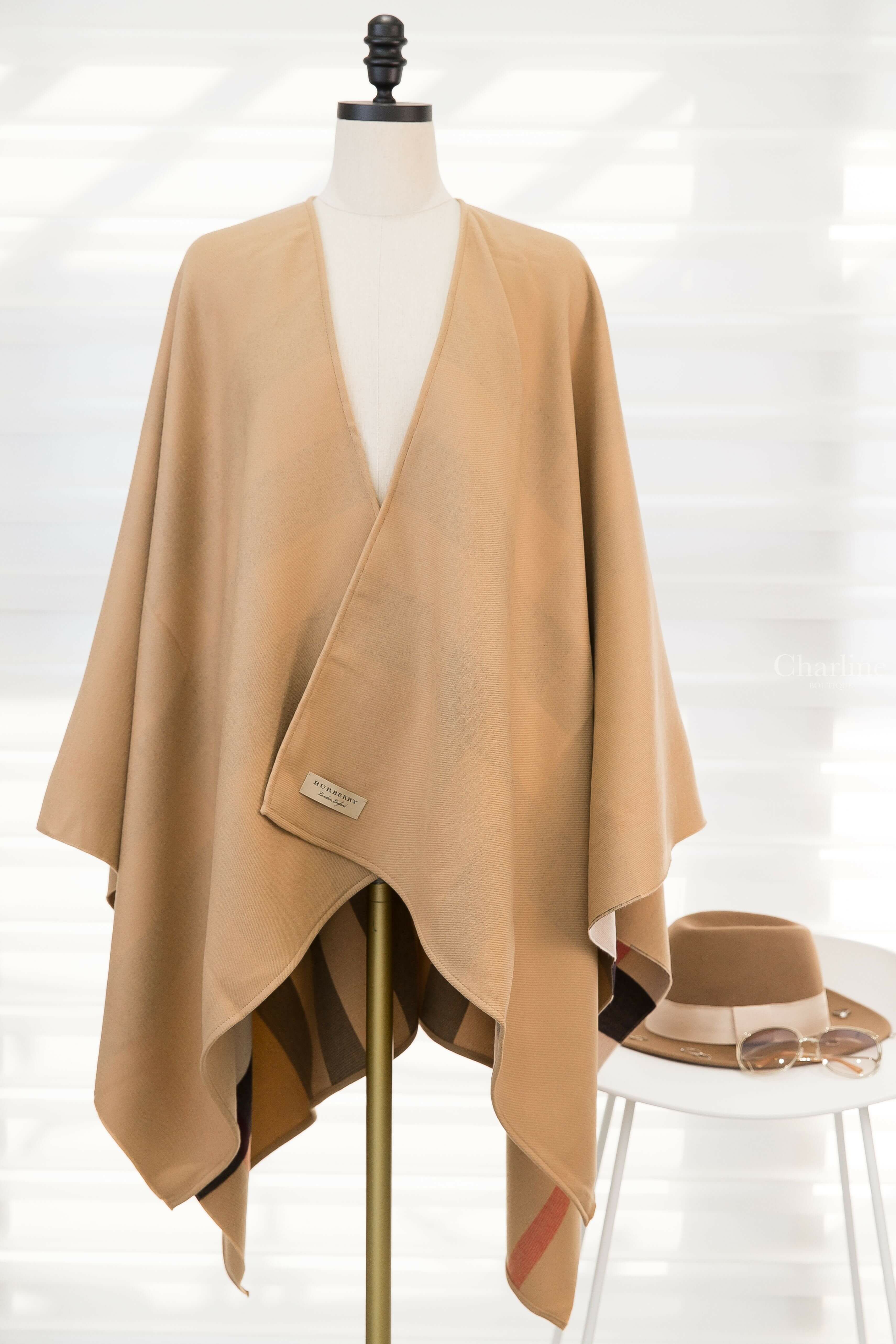 Burberry Wool Cape 駝色雙面羊毛經典米色紅黑白格紋斗篷披肩-Charline Boutique 精品代購