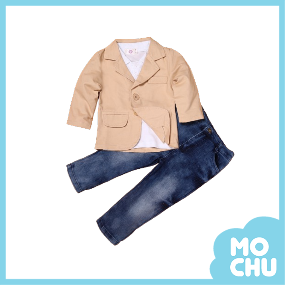 卡其西裝外套牛仔褲三件套裝