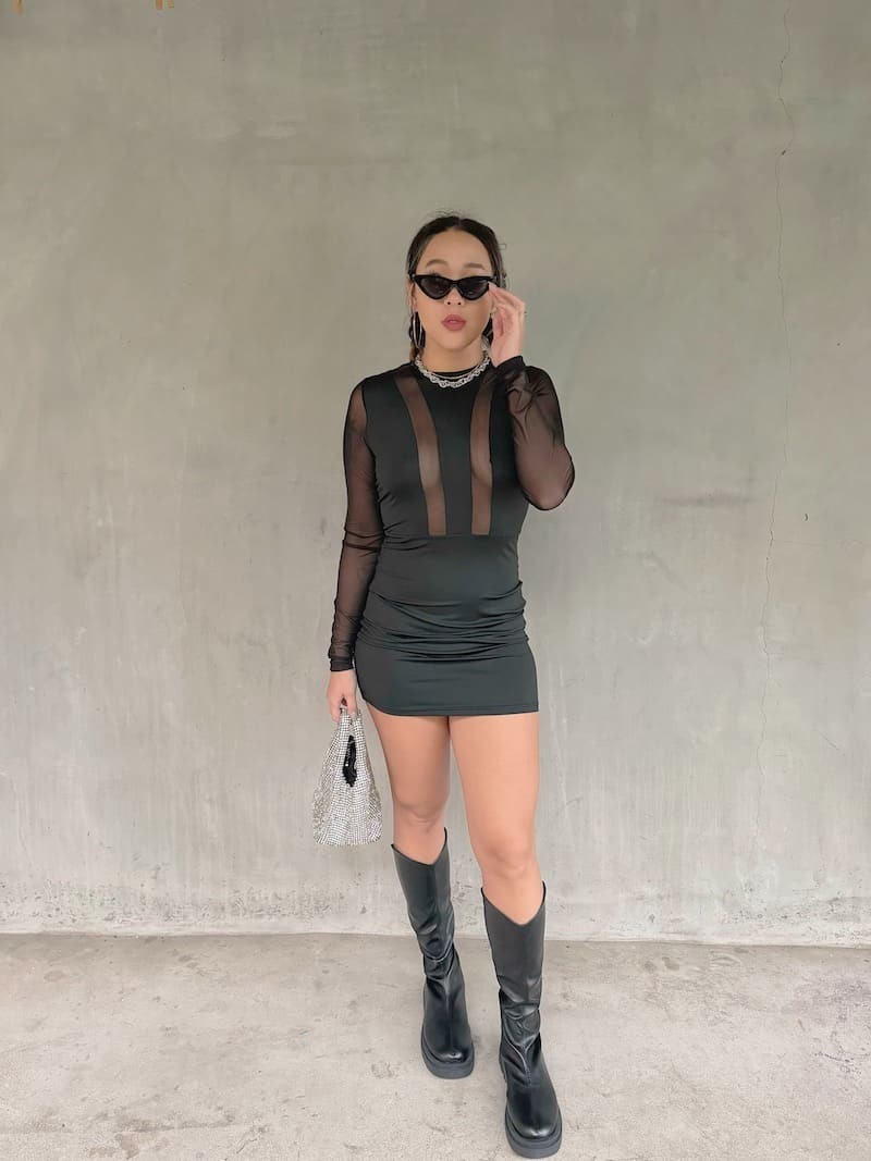 網紗線條拼接洋裝