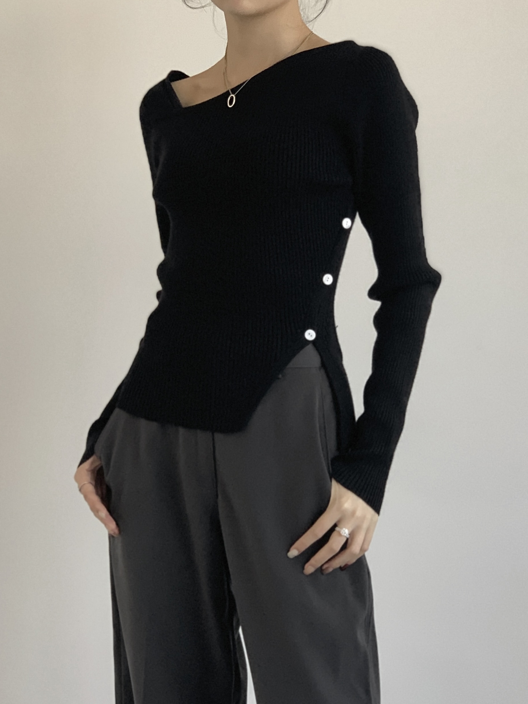 Asymmetrical Neckline Ribbed Top