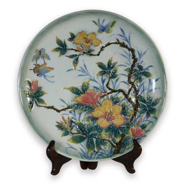 線塑彩繪瓷盤 杜鵑花與蝴蝶