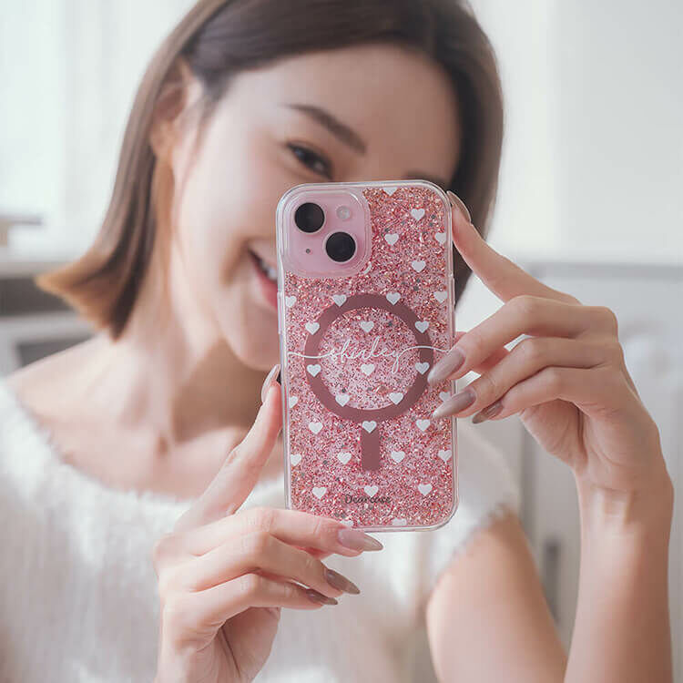 白色愛心 玫瑰金貝拉殼 (MagSafe兼容) - (訂製名字) iPhone客製化手機殼