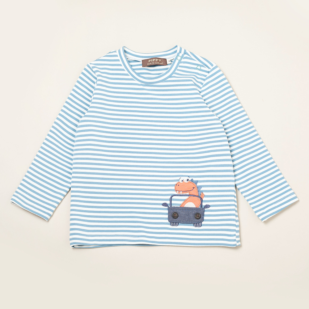 ★官網限定★PIPPY快樂開車小恐龍橫條紋圓領長袖上衣 藍綠