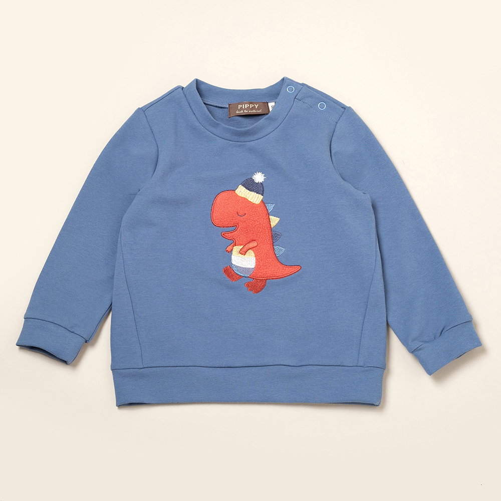 ★官網限定色★PIPPY 暖心小恐龍圓領長袖針織上衣 丈青