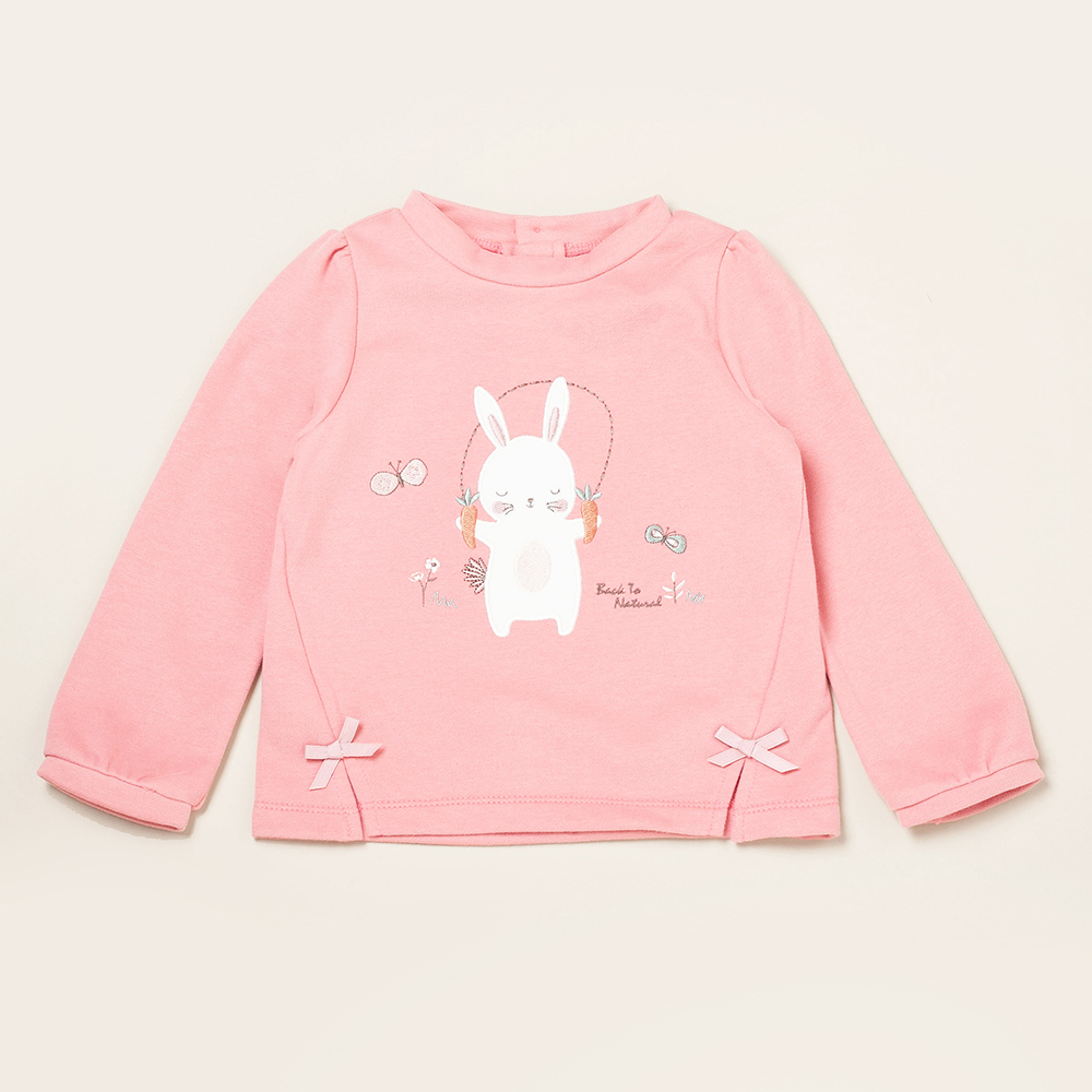 ★官網限定★PIPPY 歡樂小白兔蝴蝶結圓領長袖上衣 玫瑰