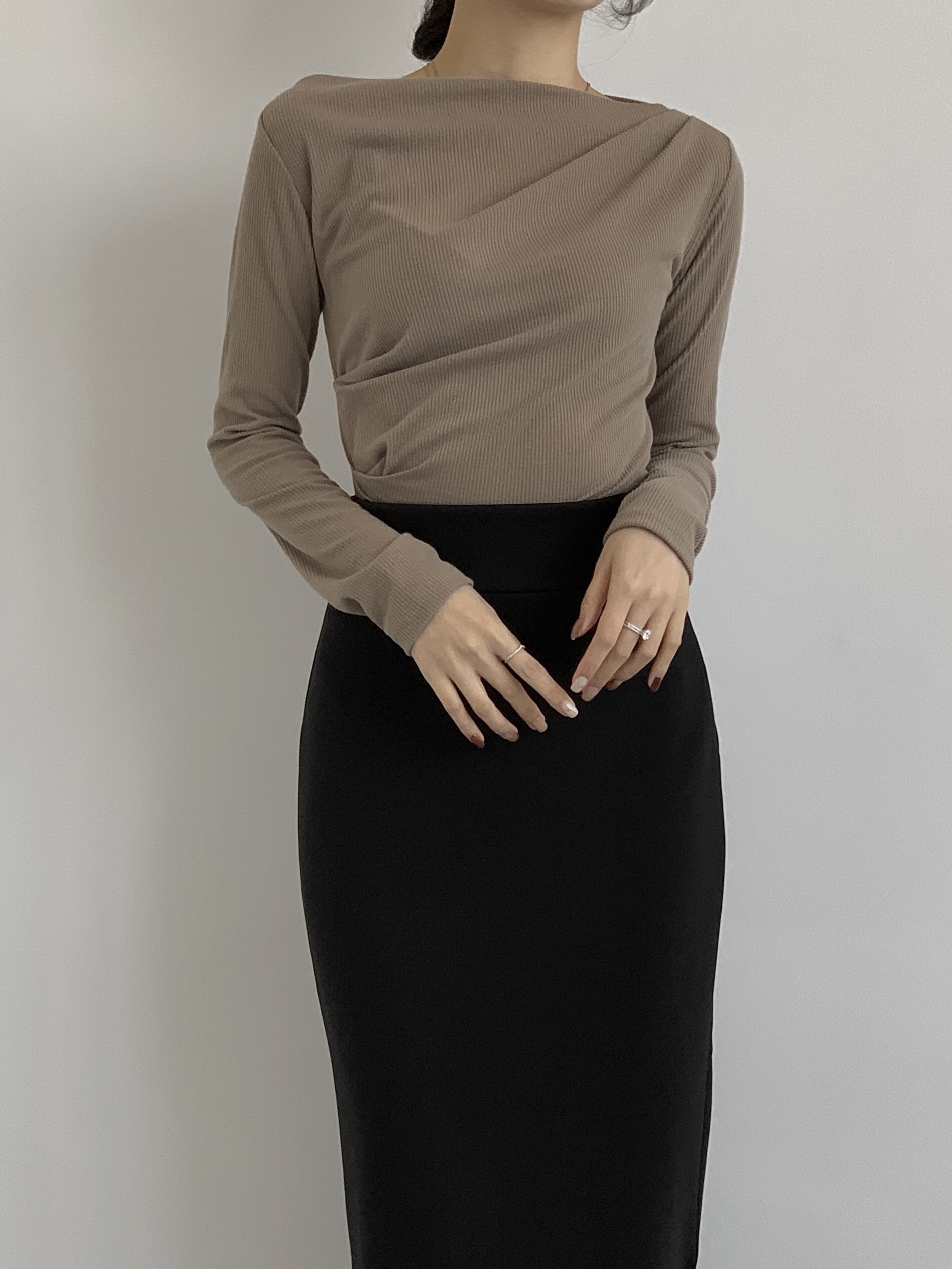 Boat Neck Ribbed Ruched Top