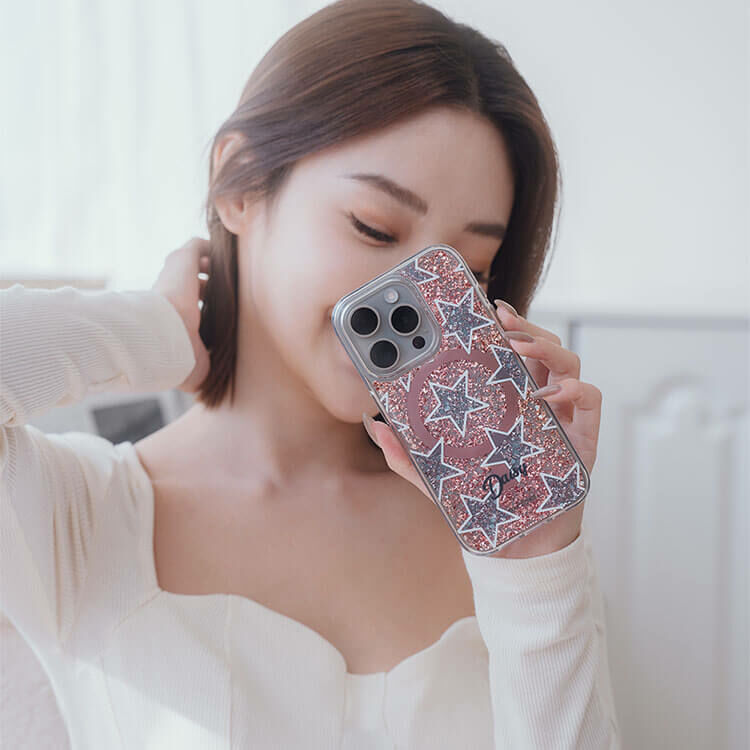藍色星星 玫瑰金貝拉殼 (MagSafe兼容) - (訂製名字) iPhone客製化手機殼