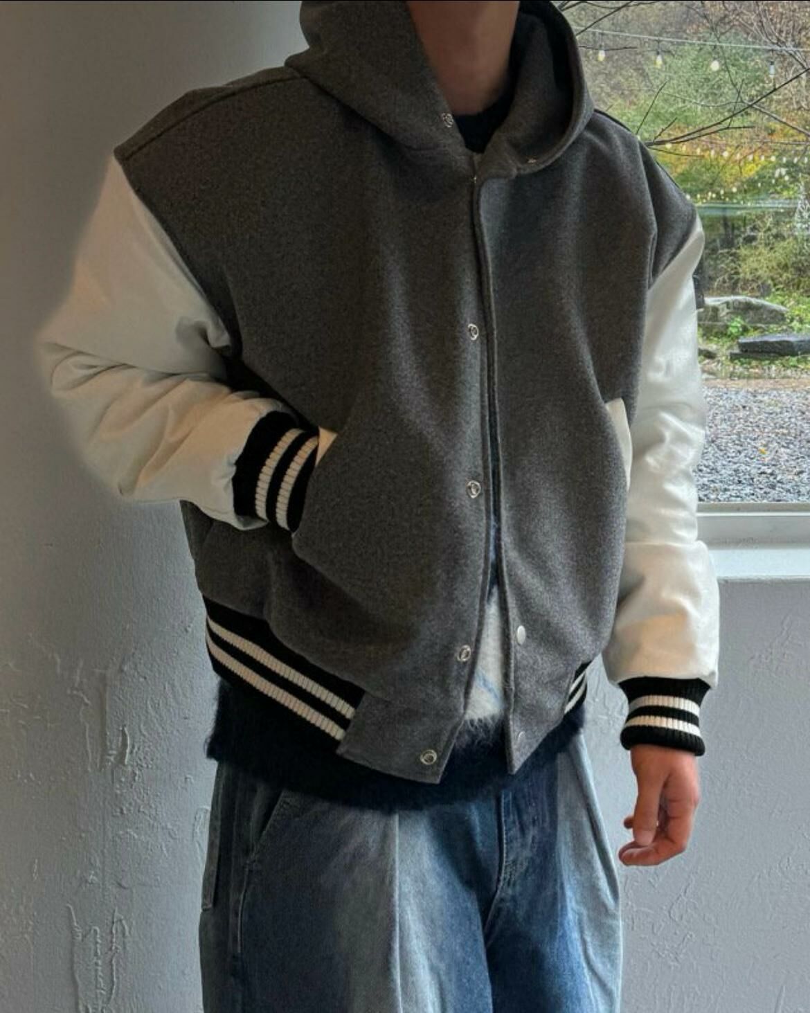 拼皮袖連帽棒球褸(薄夾棉) Million-008JK