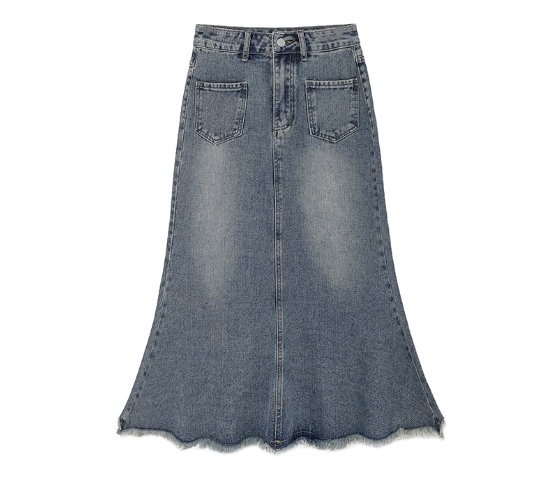 High-waisted denim mid-length slit fishtail skirt