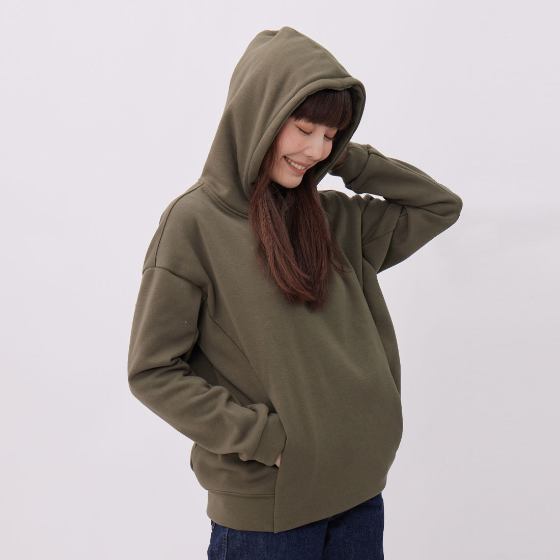 Carrie暖窩短毛口袋連帽T/ 森林綠