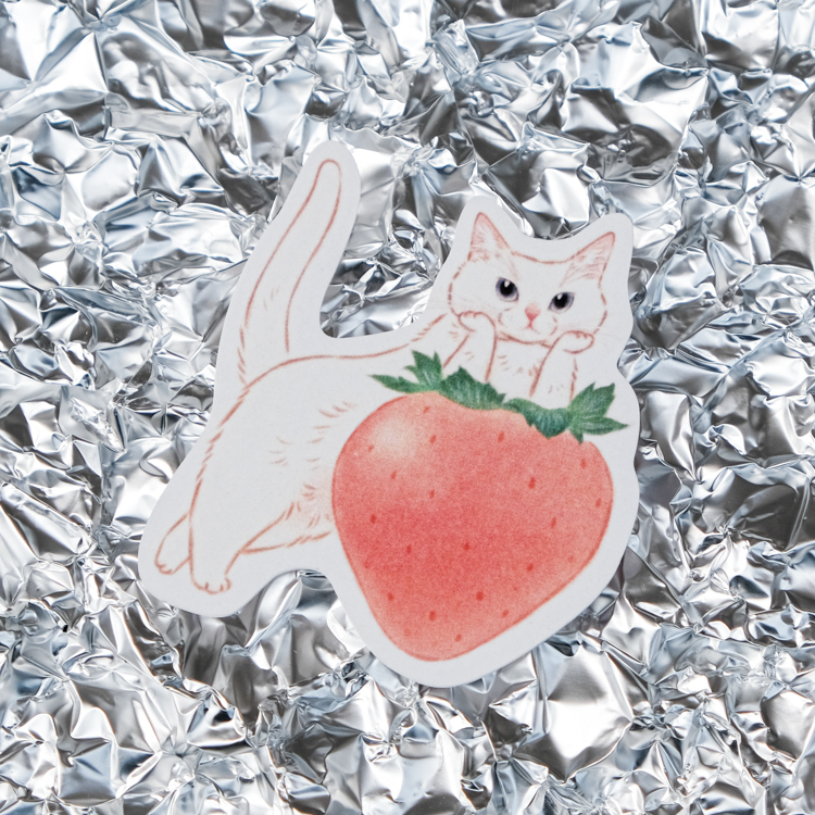 補補貓‧大衛煮愛｜防水貼紙Ｍ｜草莓白貓