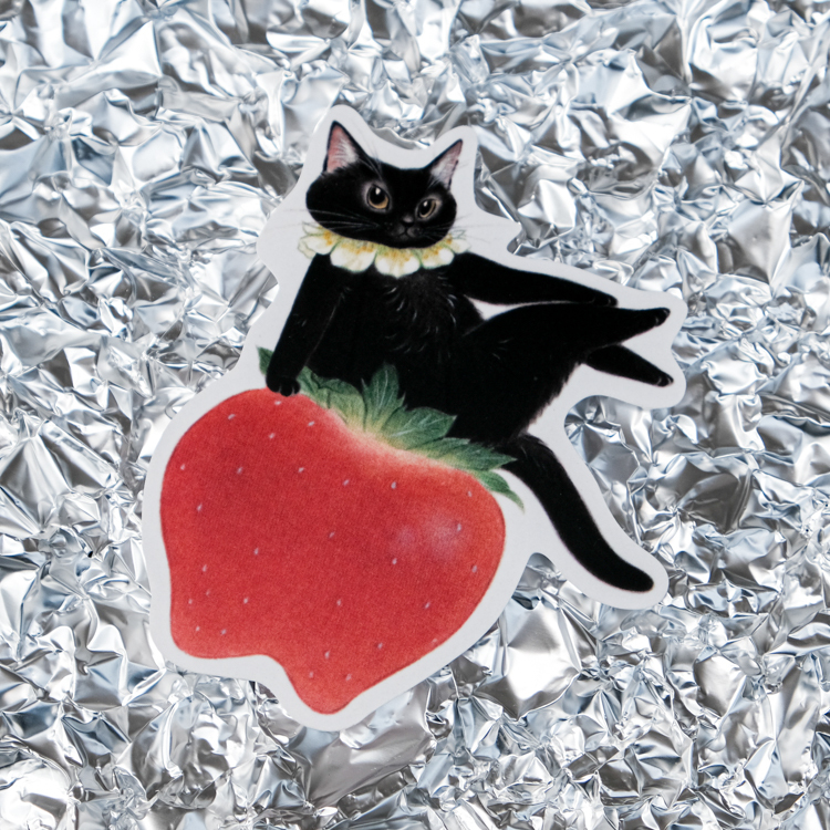 補補貓‧大衛煮愛｜絕版｜防水貼紙Ｍ｜草莓黑貓