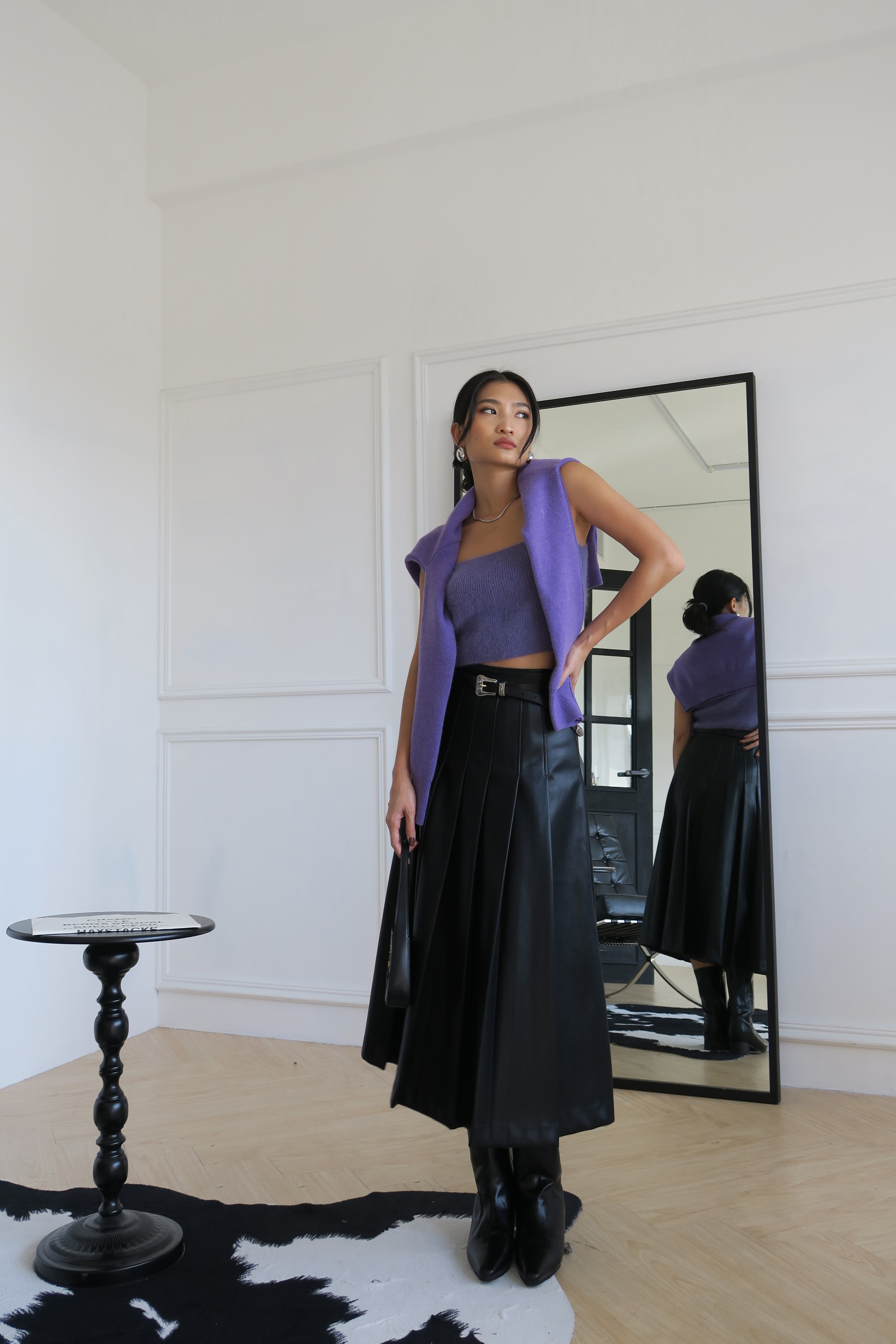 百摺A字皮長裙(S現貨)