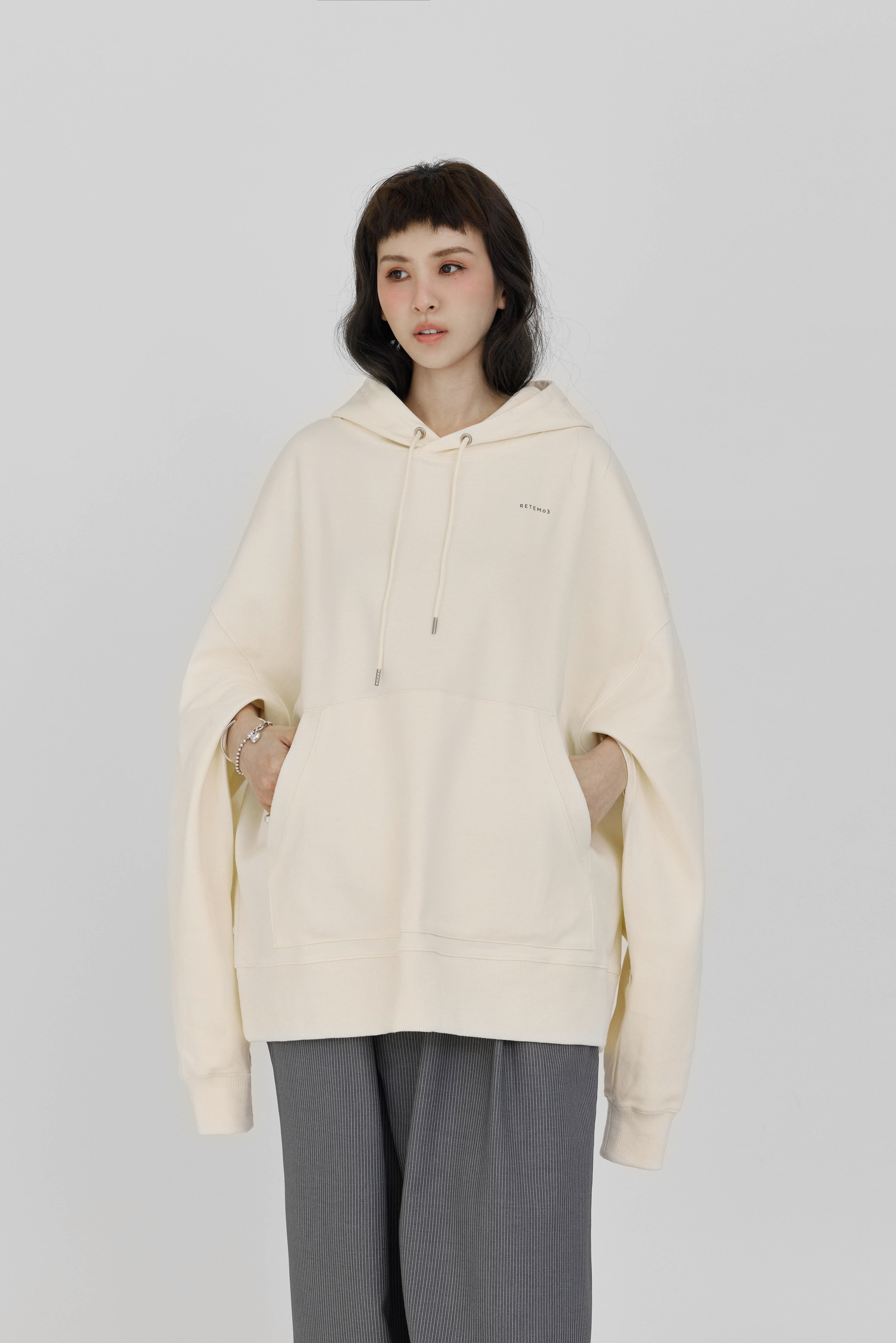 Logo Printed Drawstring Hoodie | Cream