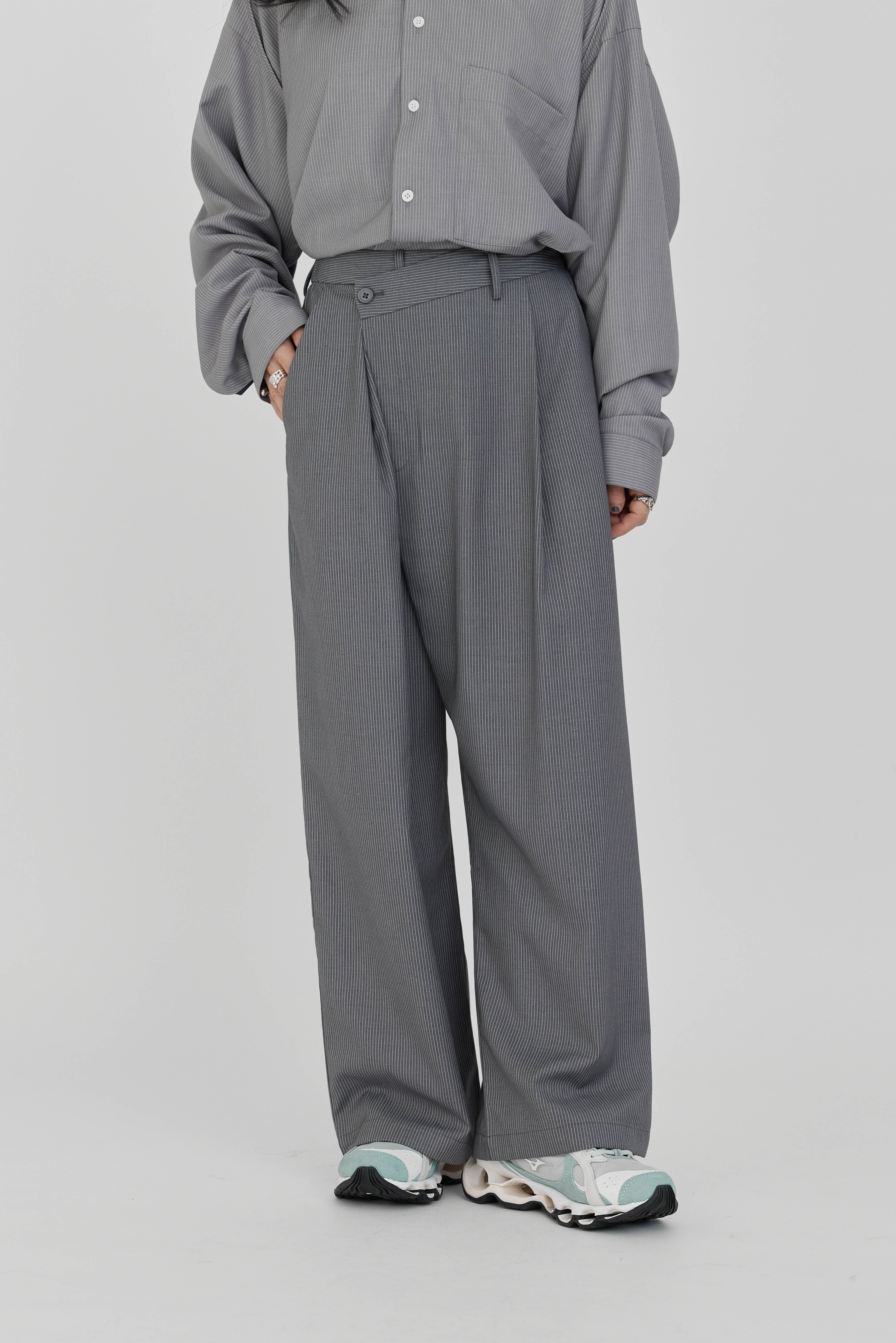 Cross-Over Waist Trousers | Striped Gray