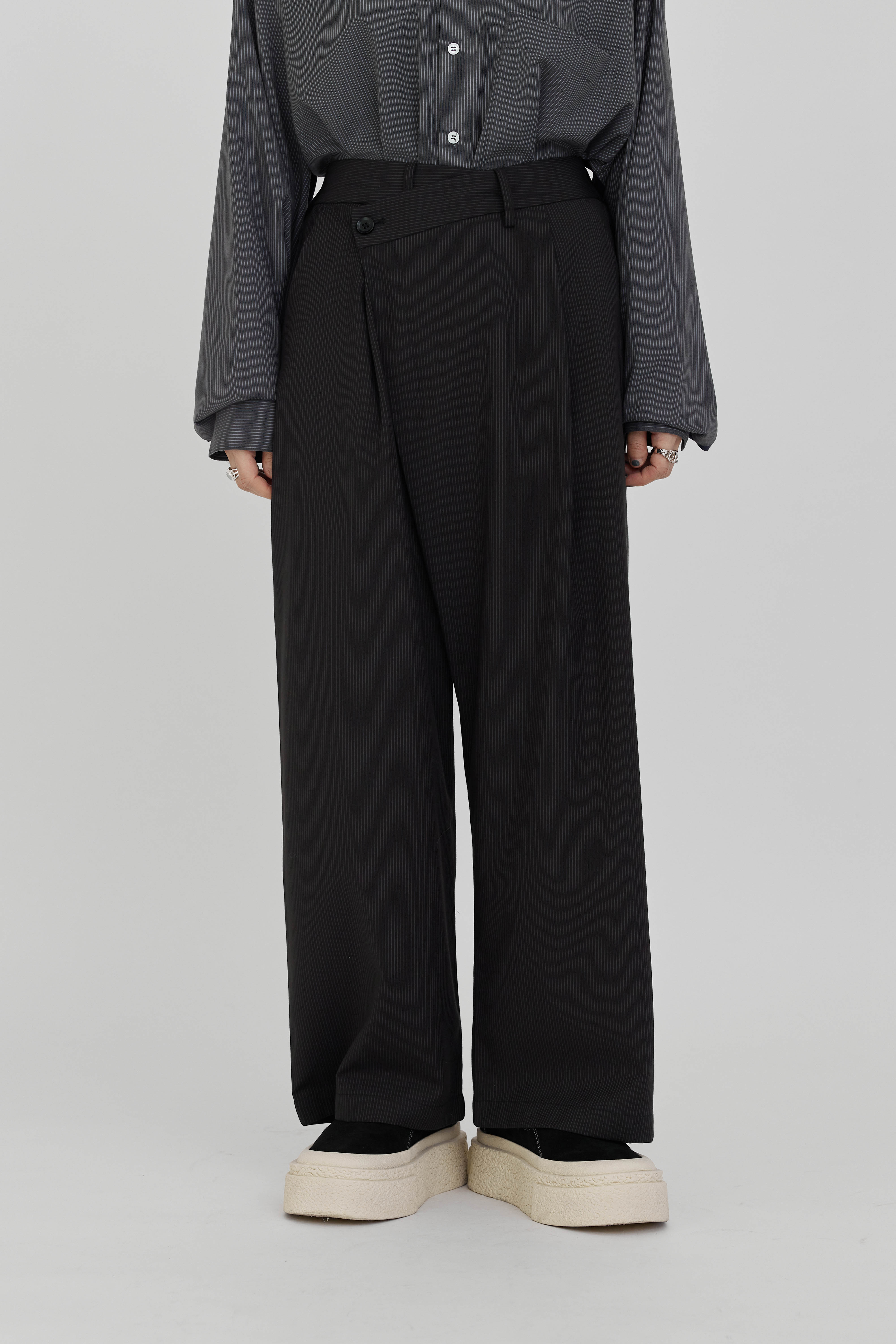 Cross-Over Waist Trousers | Striped Black
