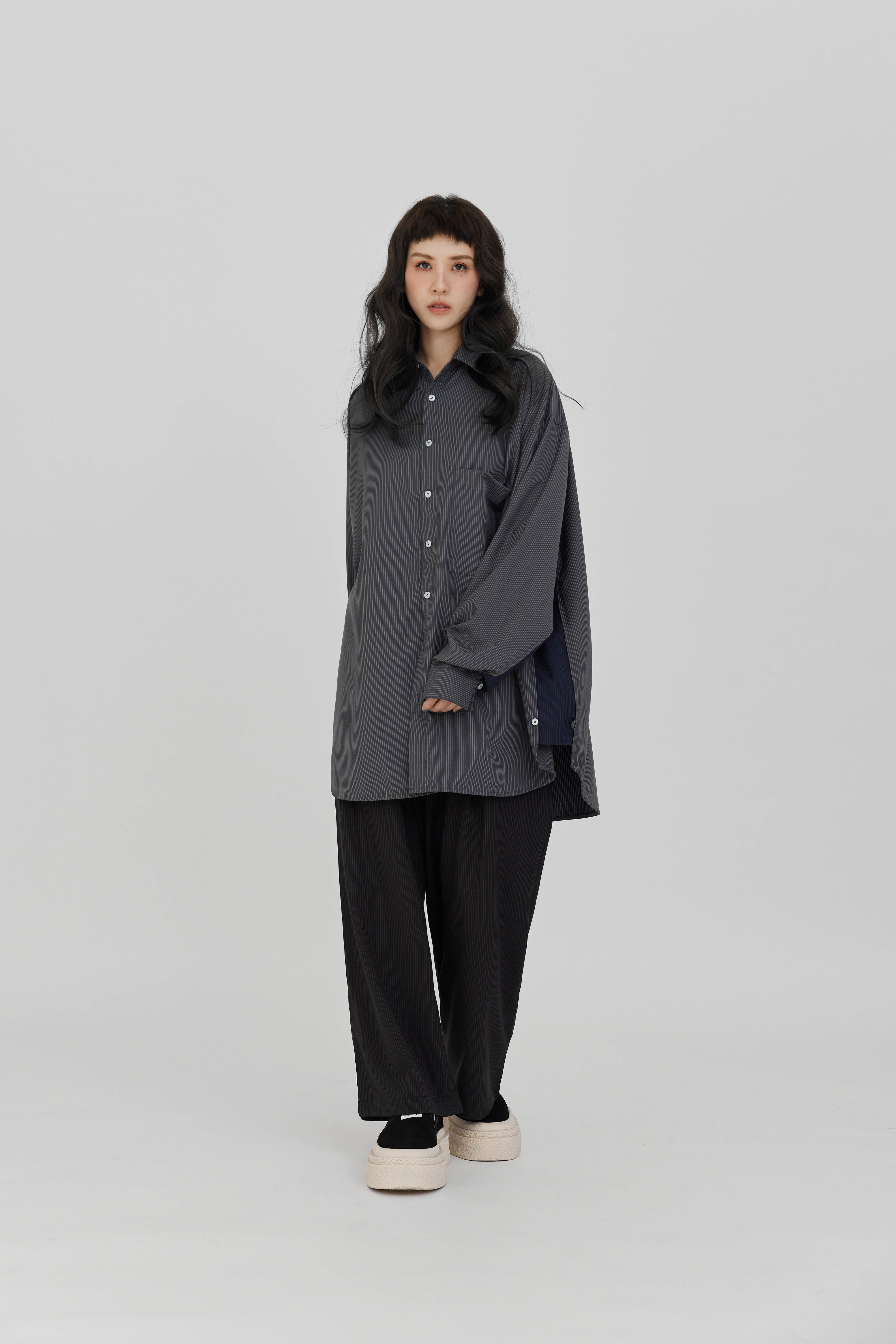 Long Sleeved Oversized Striped Shirt | Dark Gray